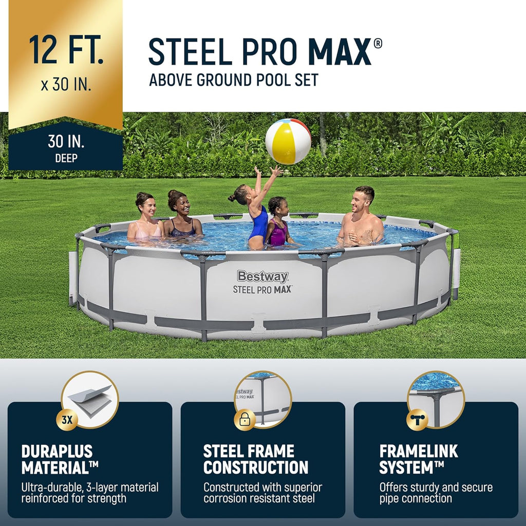 Steel Pro MAX 10 Foot x 30 Inch Round Metal Frame Above Ground Backyard Swimming Pool Set wourant
