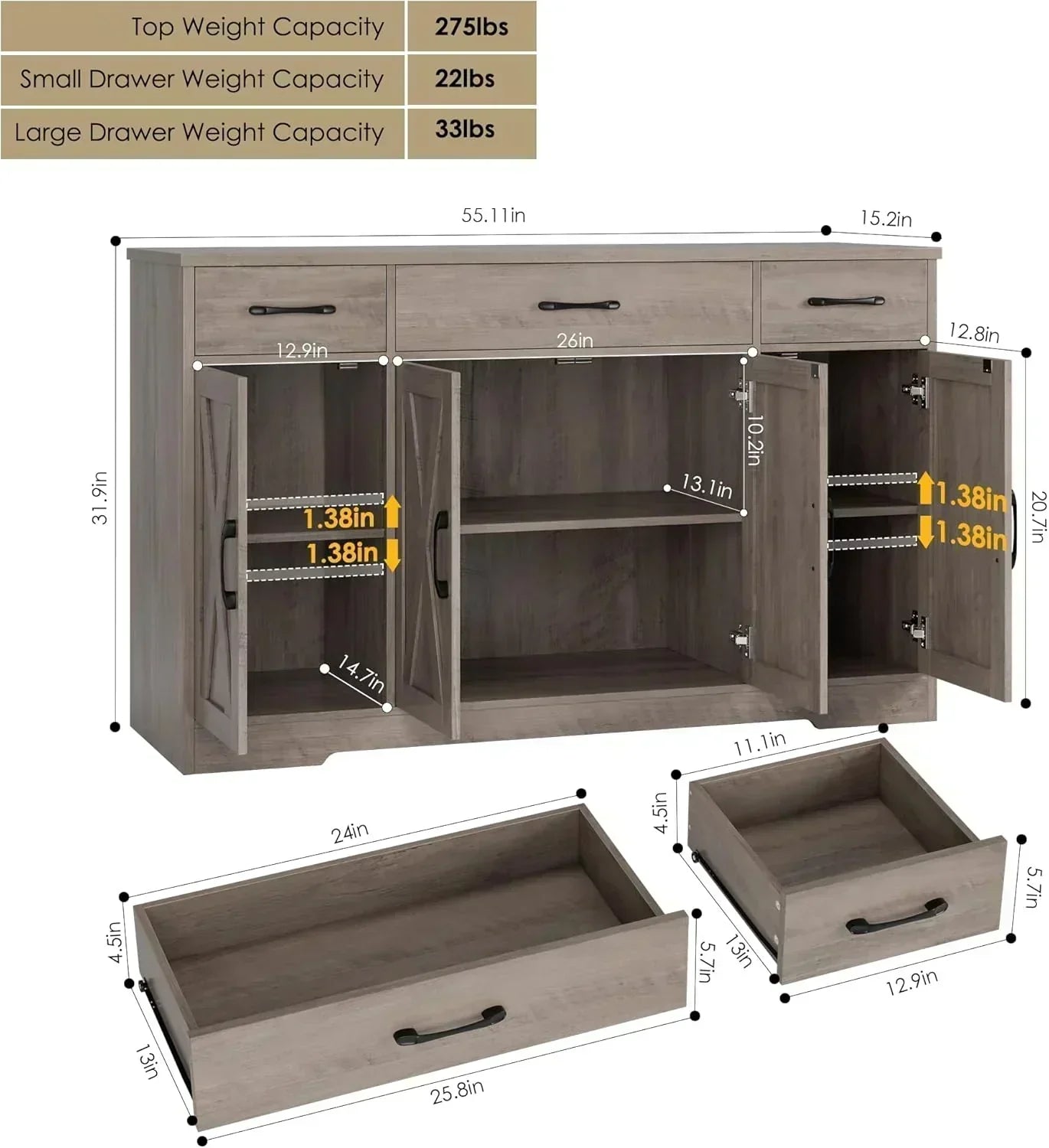 Sideboard with drawers large 55-inch sideboard modern farmhouse wood kitchen dining table wourant