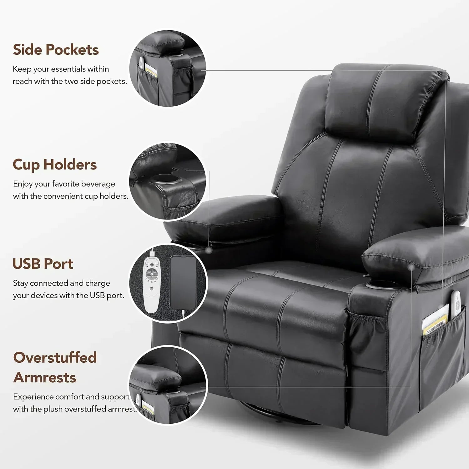 Large Swivel Rocking Recliner with Massage Function 360 Degree Swivel Rocking Single Sofa wourant