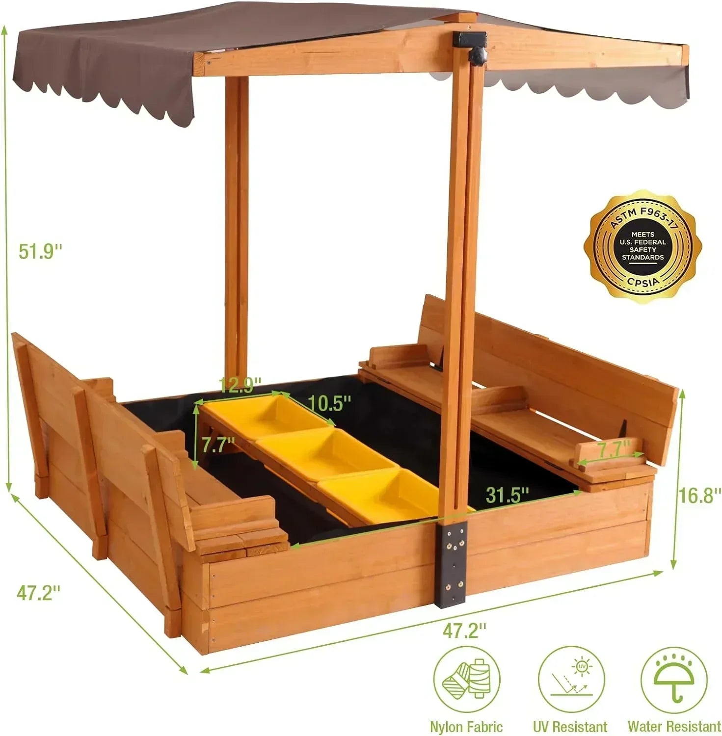 Kids Wooden Outdoor Sandbox Canopy 2 Foldable Bench Seats Retractable Roof Sand Protection Liner wourant