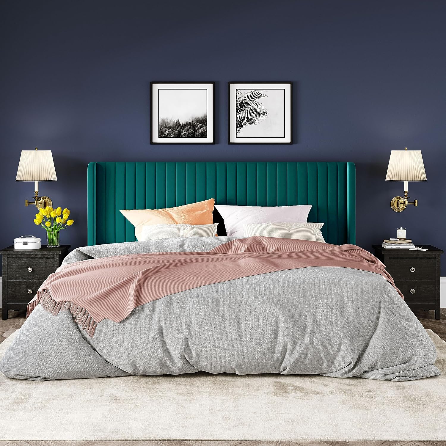 Allewie Full Size Velvet Bed Frame Vertical Channel Tufted Wingback Headboard Upholstered Bed wourant