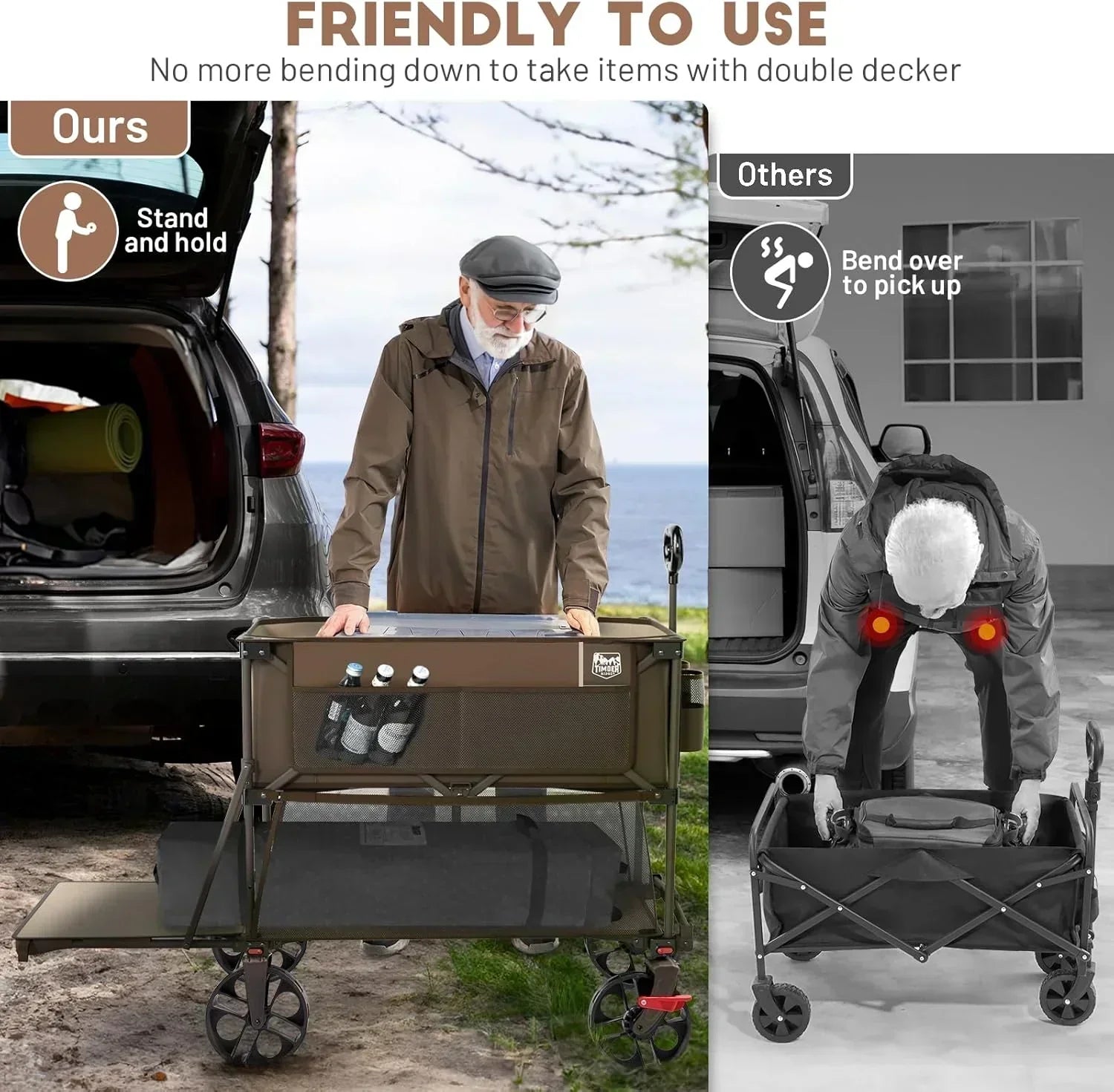 400L Large Capacity Folding Double Decker Cart with Brakes 54 Inch Extra Long Extended Cart wourant