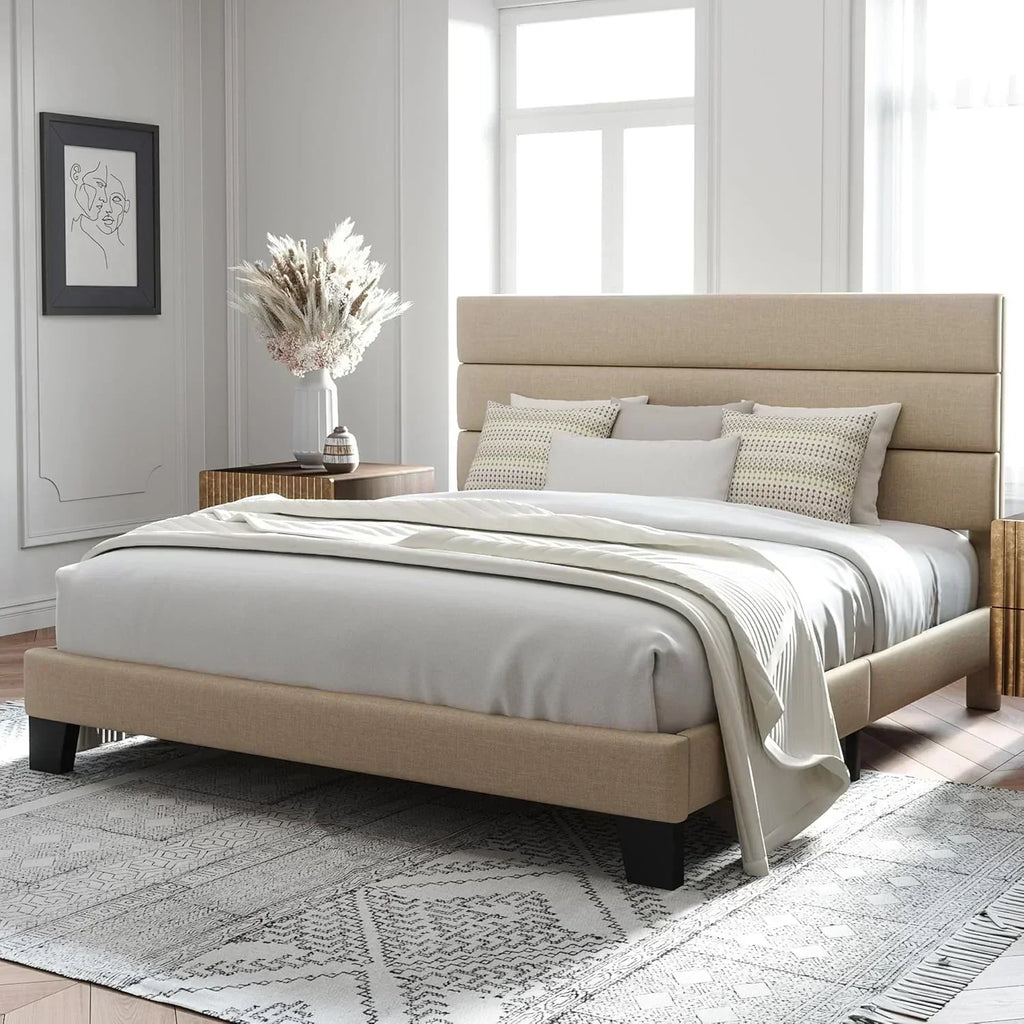 Allewie King size platform bed frame with velvet upholstered headboard and planks wourant