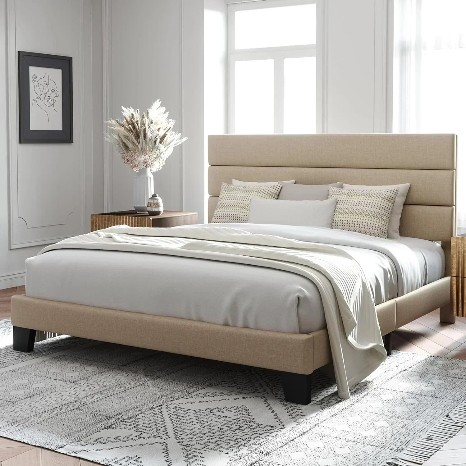 Allewie King size platform bed frame with velvet upholstered headboard and planks wourant