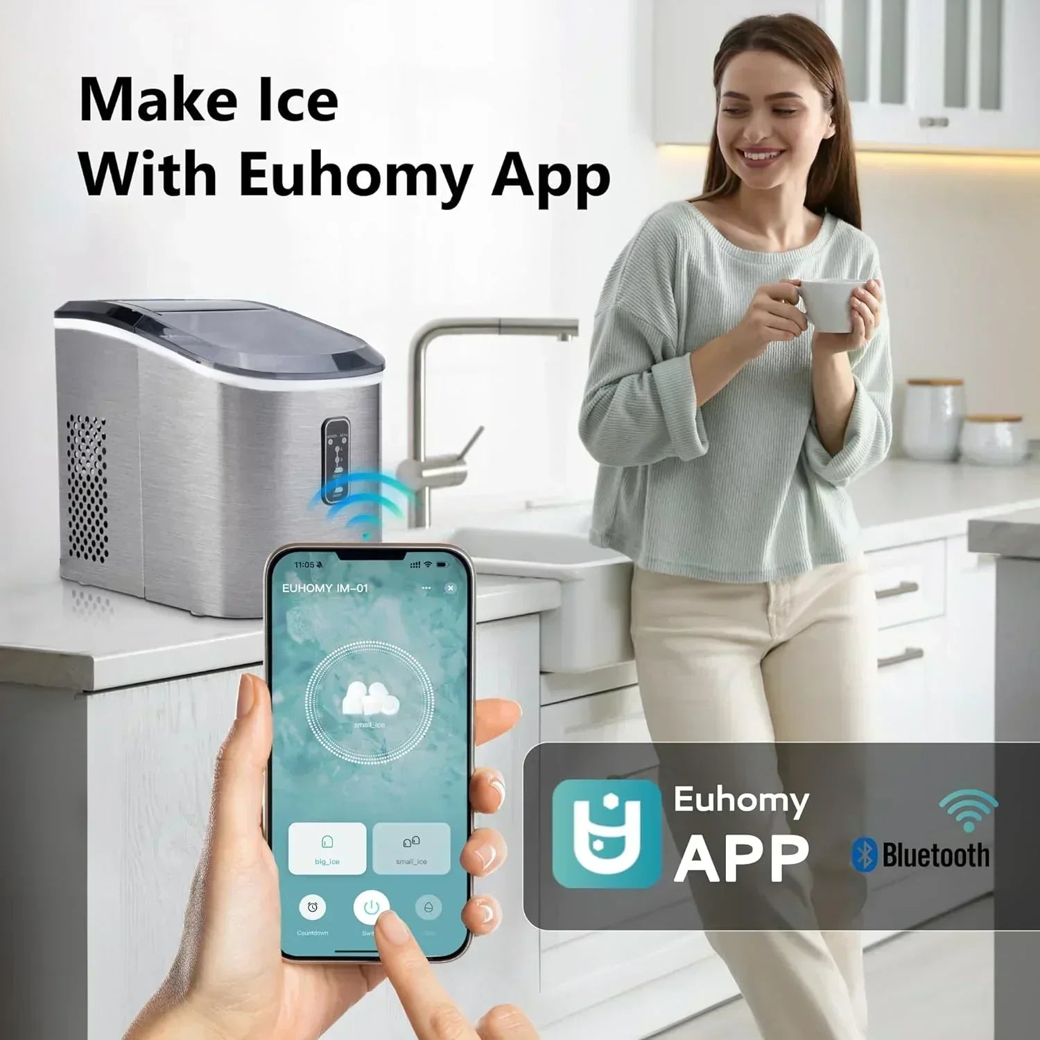 EUHOMY Nugget Ice Maker Countertop with Handle Ready 34lbs Per Day Removable Top Cover wourant