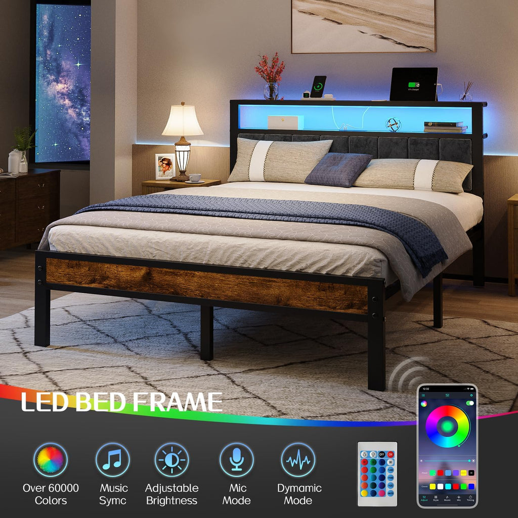 Queen Size Bed Frame with 2-Tier Storage Shelves Headboard Platform Bed with Charging Station wourant
