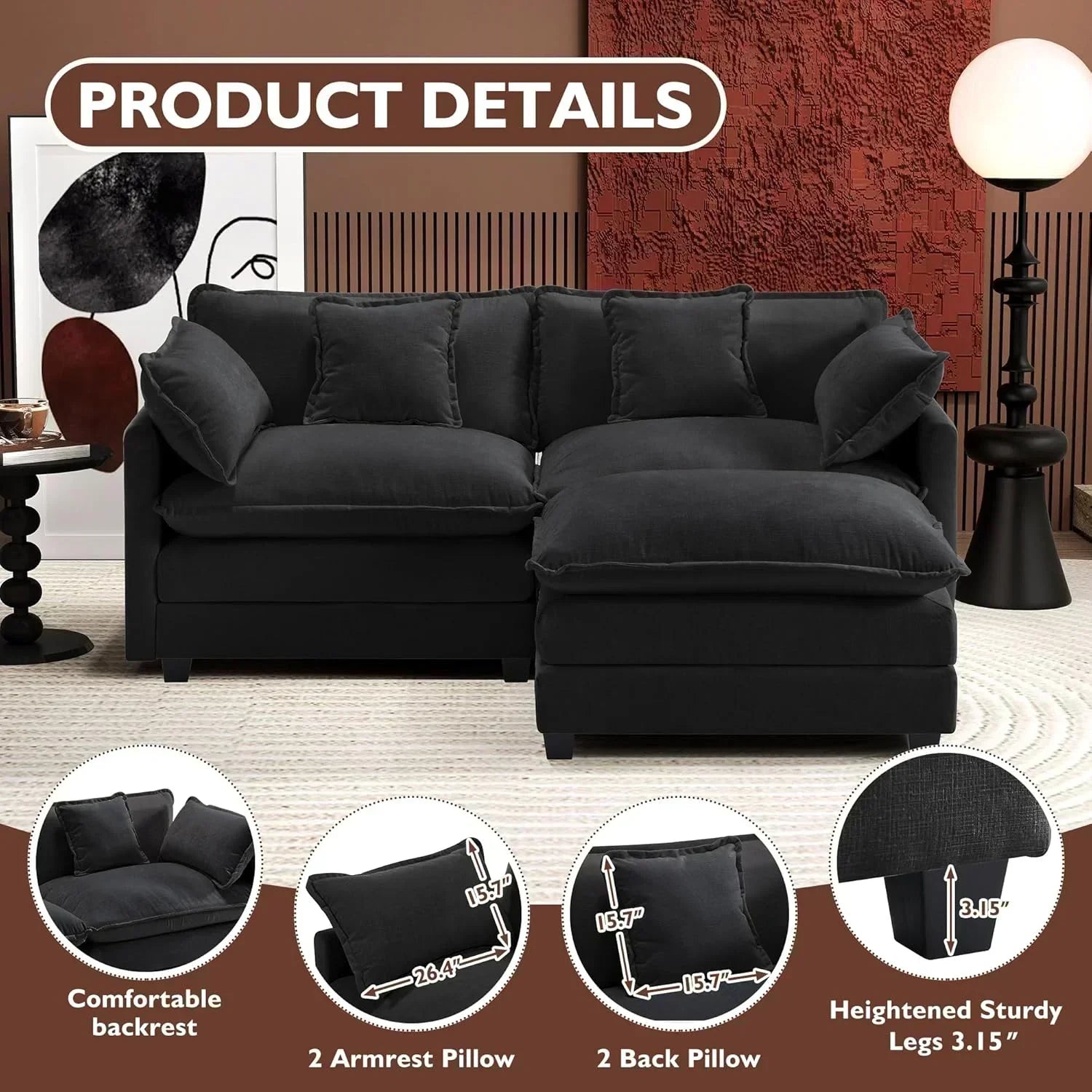 111.4 Inch L Shaped Modern Sofa Modular Cloud Sofa with Ottoman 4 Seater Chenille Deep Seat Sofa wourant