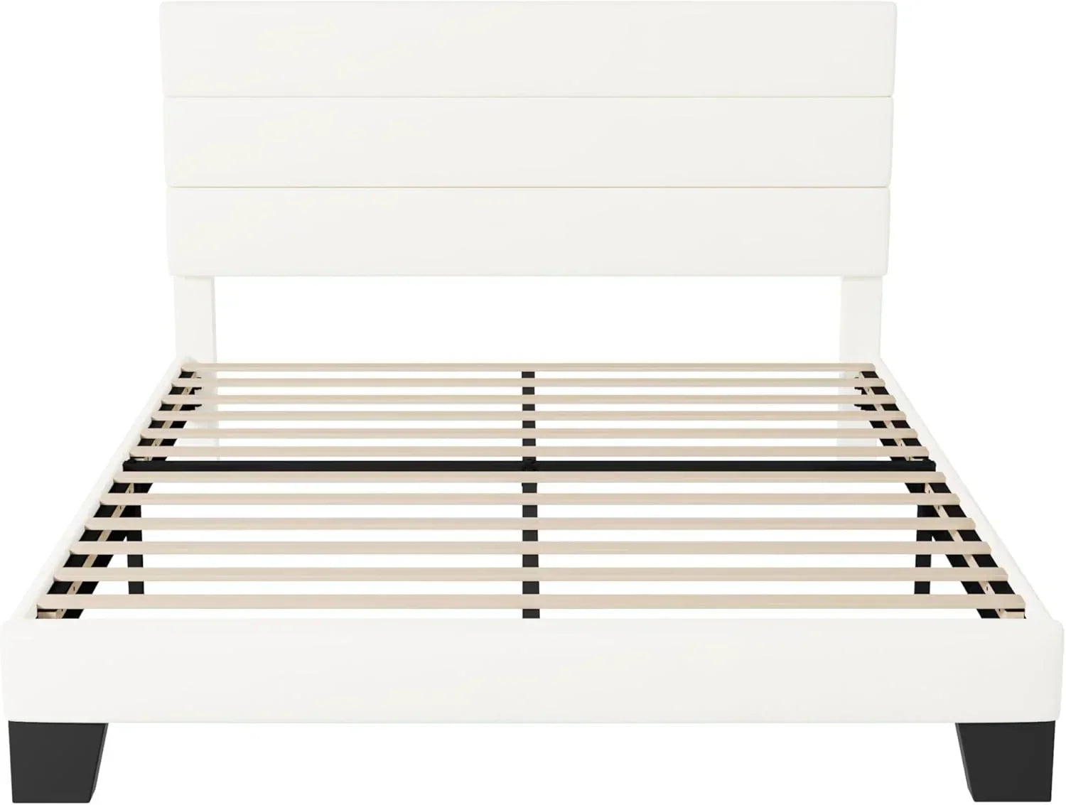 Allewie King size platform bed frame with velvet upholstered headboard and planks wourant