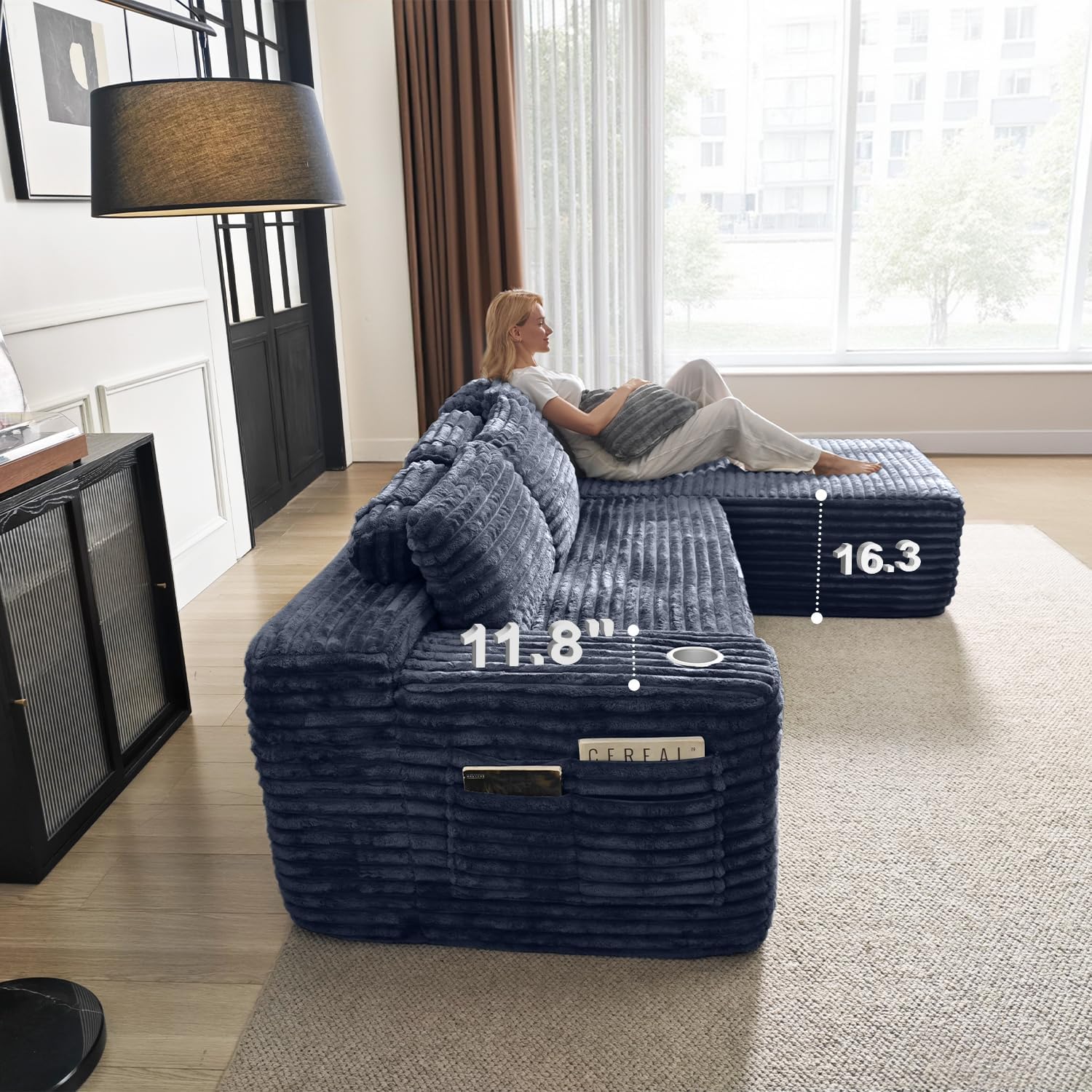 Cloud section sofa with L-shaped recliner modern modular sofa built-in cup holder wourant