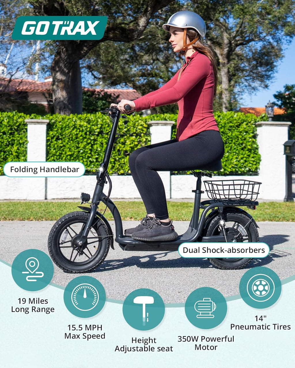 Gotrax adult electric scooter with seat maximum range of 19-25 miles all-terrain tires wide pedals wourant