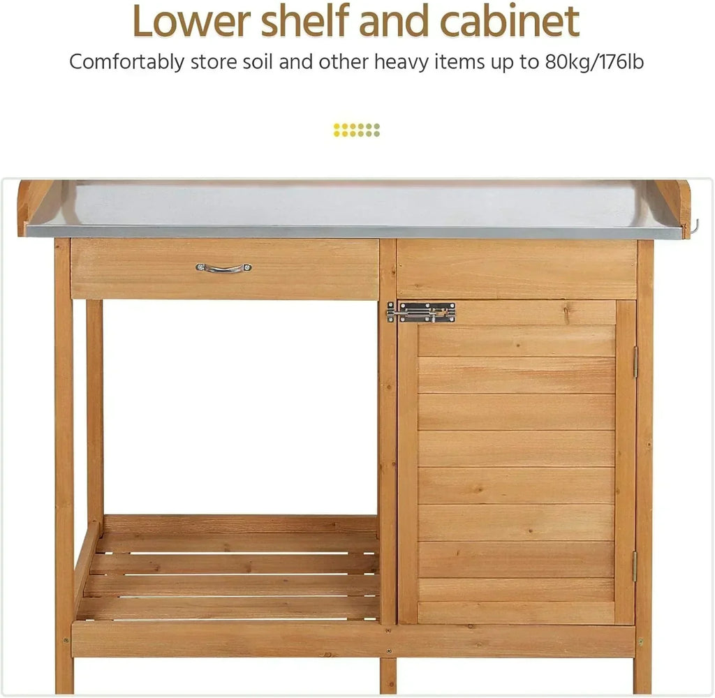 Yaheetech Outdoor Garden Potting Bench Table Work Bench Metal Tabletop Cabinet Drawer wourant