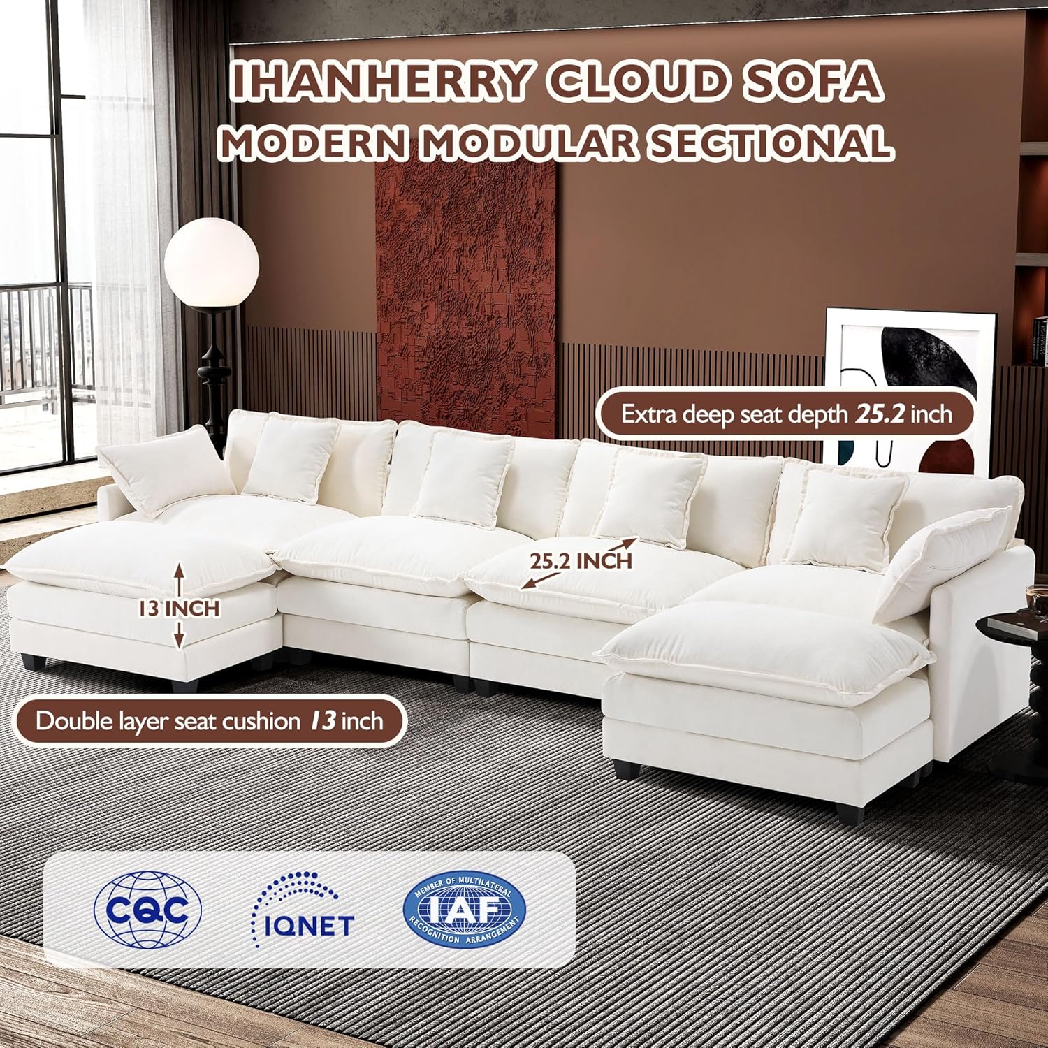 ihanherry 146-inch U-shaped modern sofa modular area cloud sofa wourant
