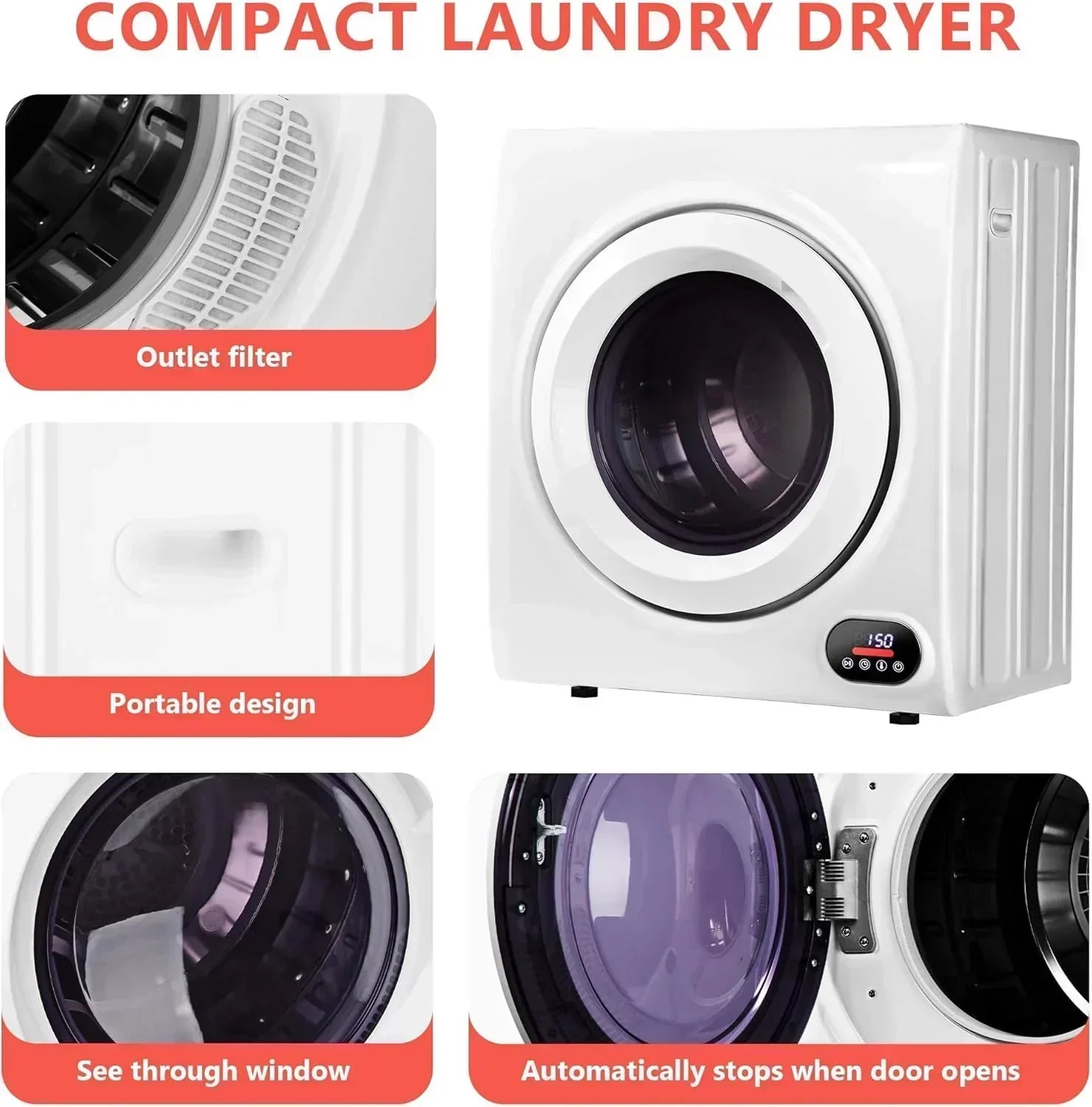 Compact Laundry Dryer 3.5 cu ft Front Load Stainless Steel Clothes Dryers With Exhaust Pipe wourant