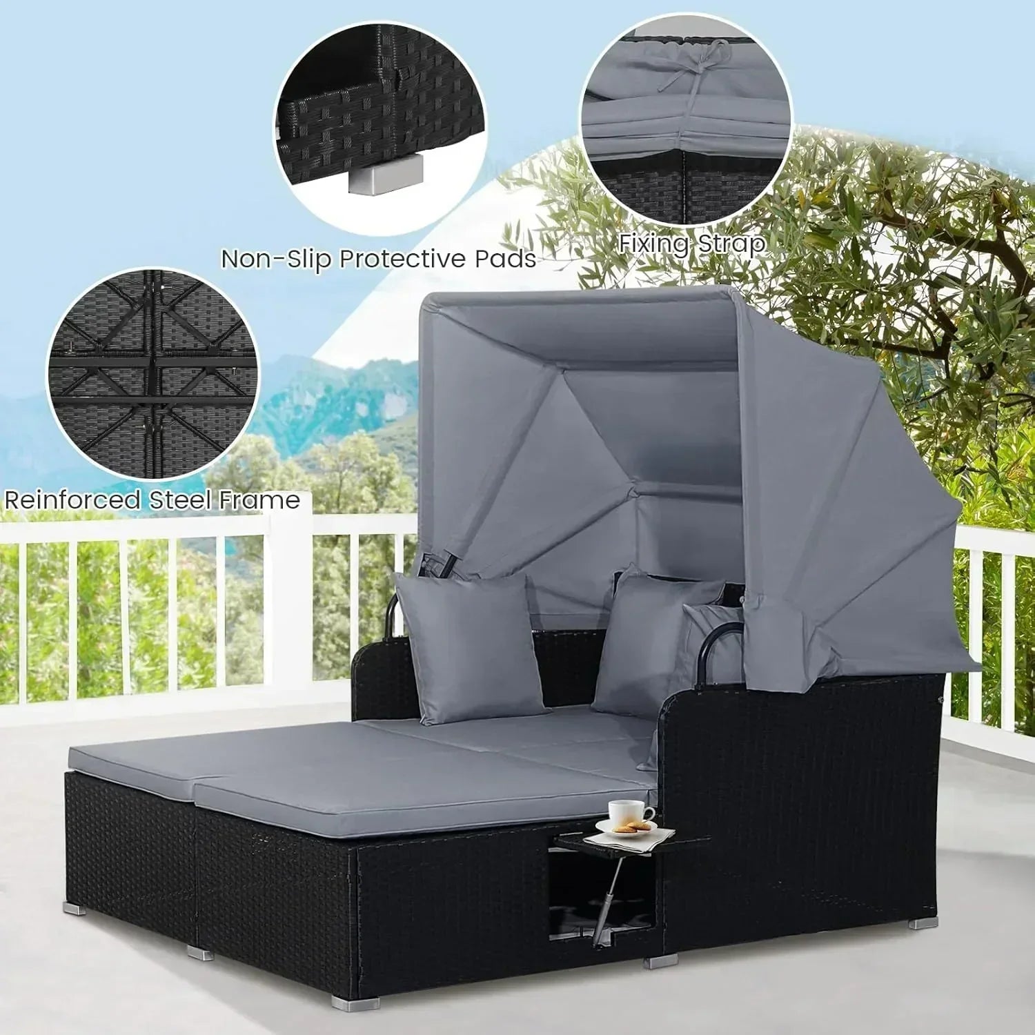 RELAX4LIFE Patio Outdoor Daybed with Canopy Wicker Sunbed Cushions 4 Pillows wourant