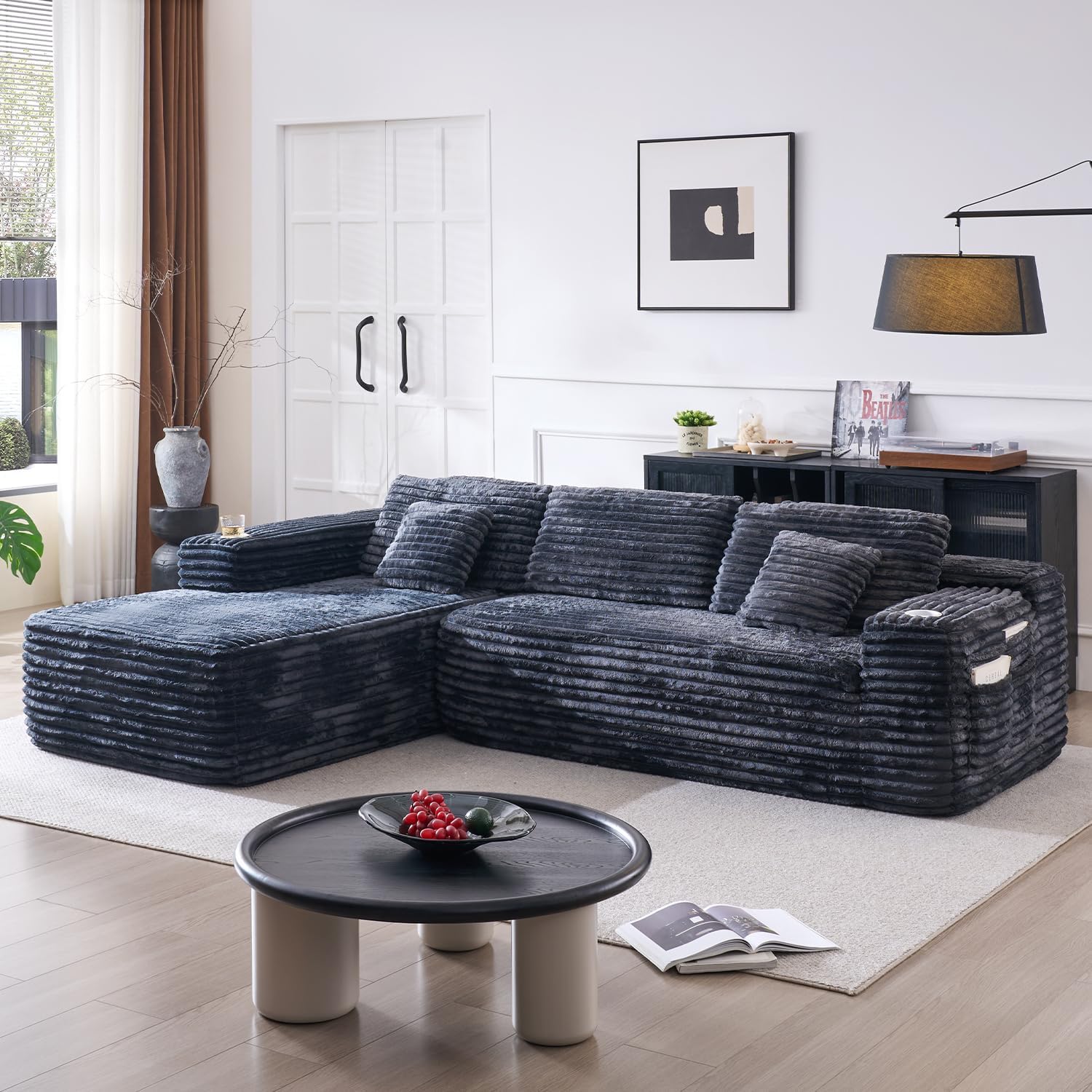 Cloud section sofa with L-shaped recliner modern modular sofa built-in cup holder wourant