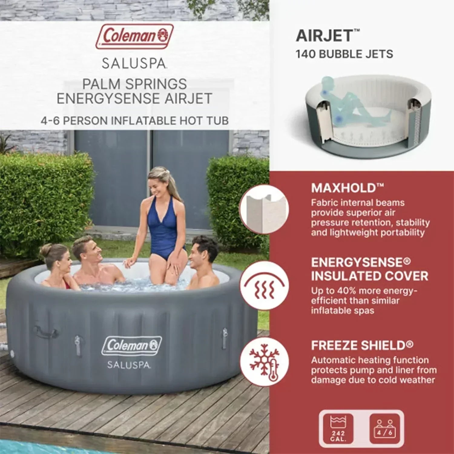 Bestway Palm Springs 4 to 6 Person EnergySense Smart AirJet Plus Inflatable Hot Tub Outdoor Spa wourant