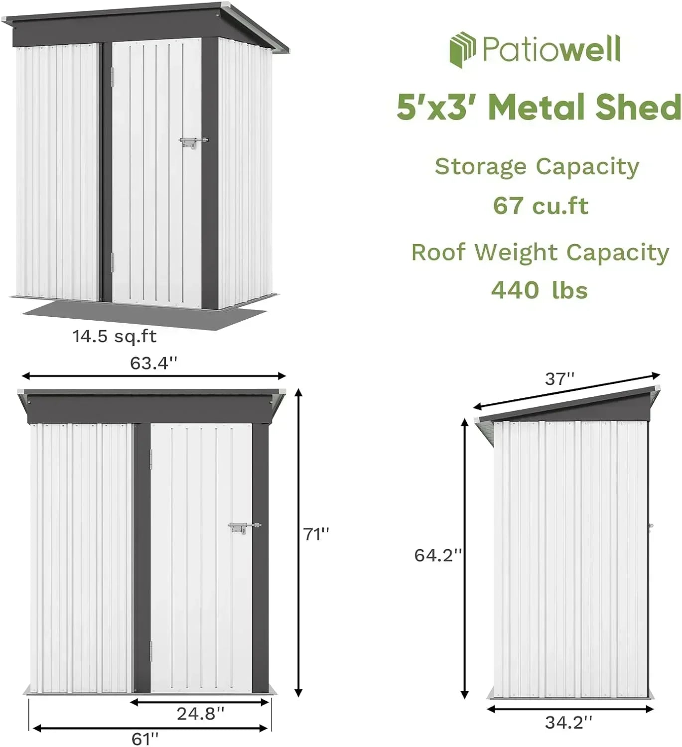 Patiowell 5x3 FT Outdoor Storage Shed Tool Shed with Sloping Roof and Lockable Door Metal Shed wourant