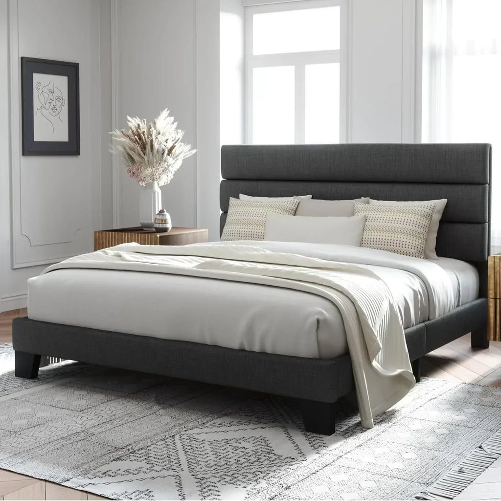 Allewie Queen Size Platform Bed Frame with Fabric Upholstered Headboard Wooden Slats Support wourant