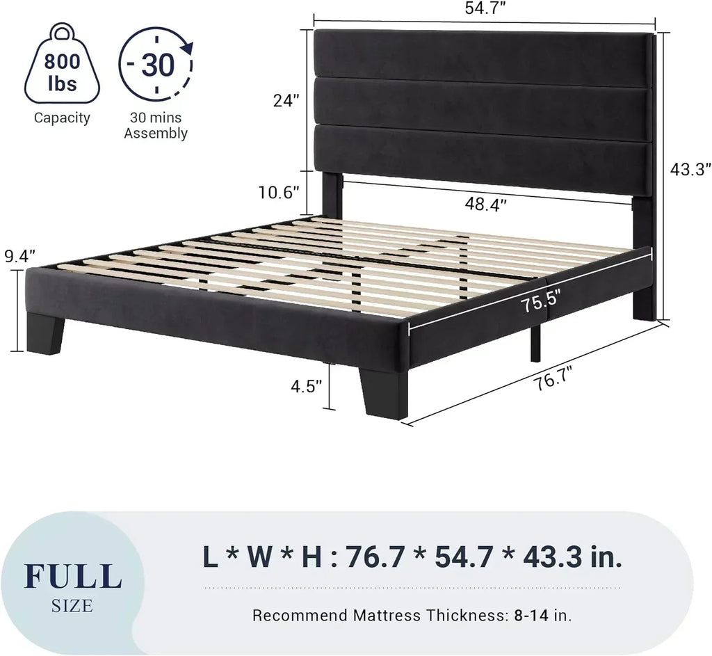 Allewie King size platform bed frame with velvet upholstered headboard and planks wourant