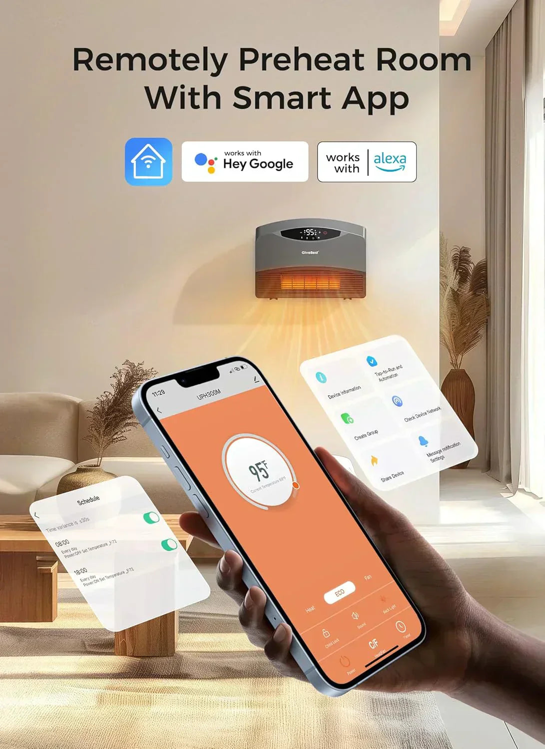 Wall mounted electric heater with WiFi and remote control floor standing heater 1500W wourant