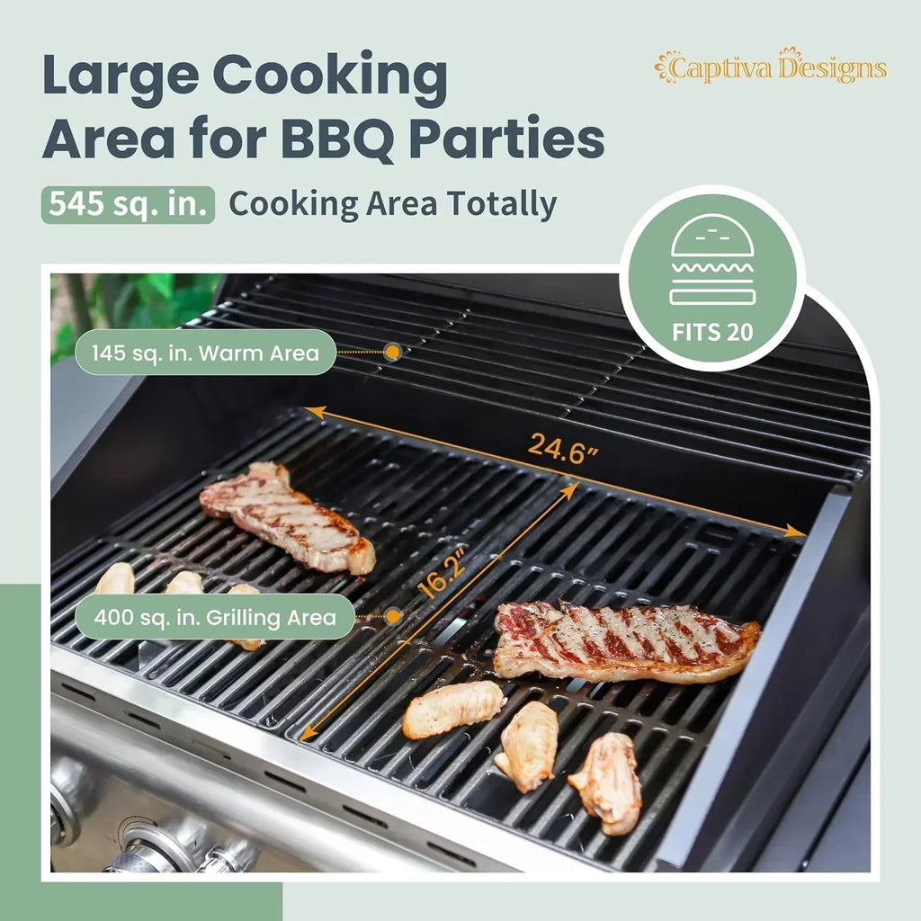 Captiva Designs 4-Burner Propane Gas BBQ Grill Side Burner Porcelain-Enameled Cast Iron Grates wourant