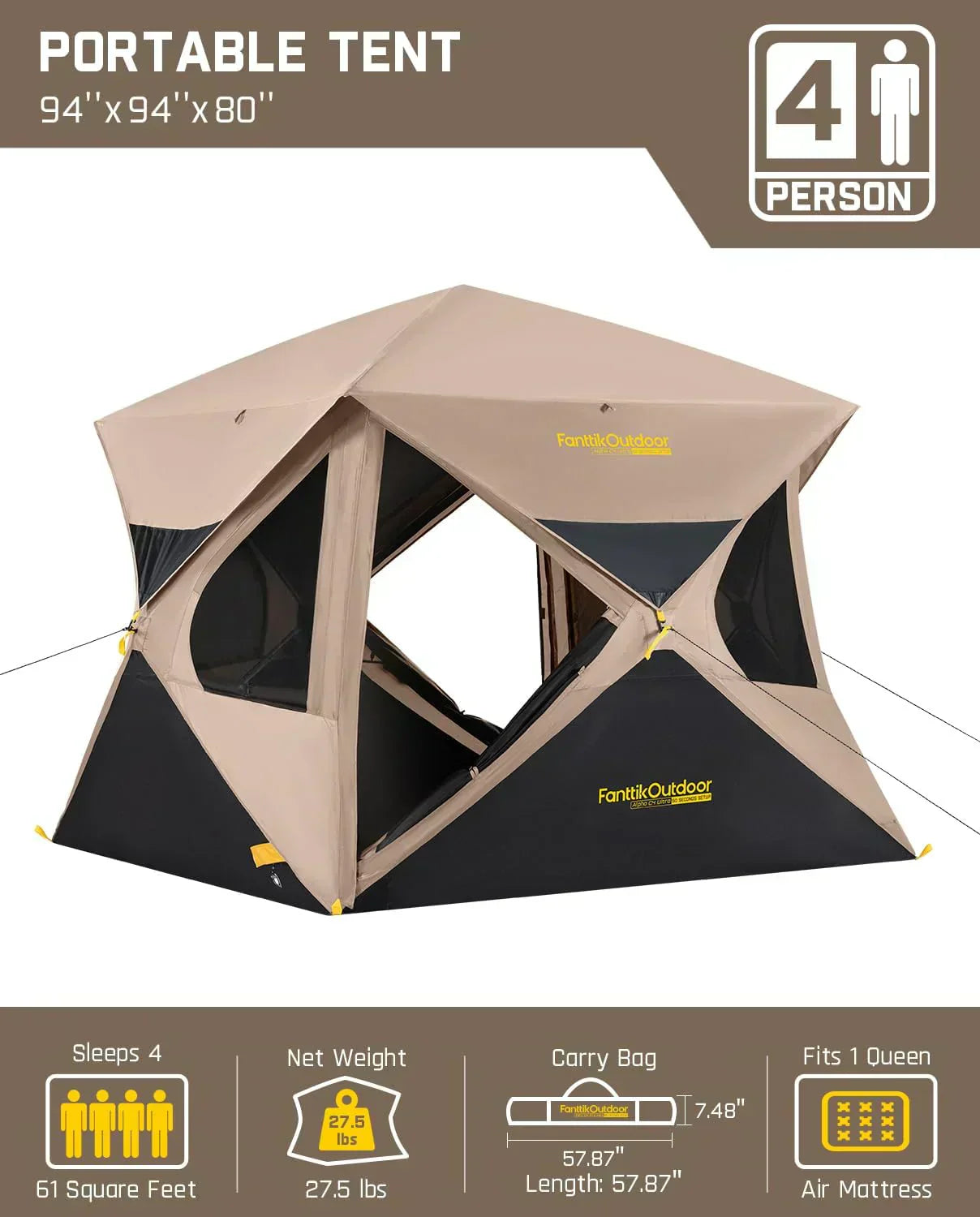 Super Camping Tent 4 Person Pop-up Instant Cabin Set Up Portable Center Tent wourant