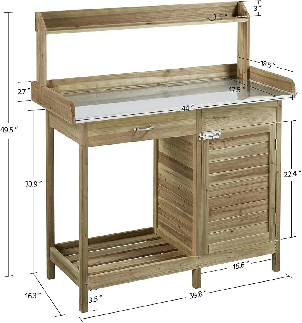 Yaheetech Outdoor Garden Potting Bench Table Work Bench Metal Tabletop Cabinet Drawer wourant