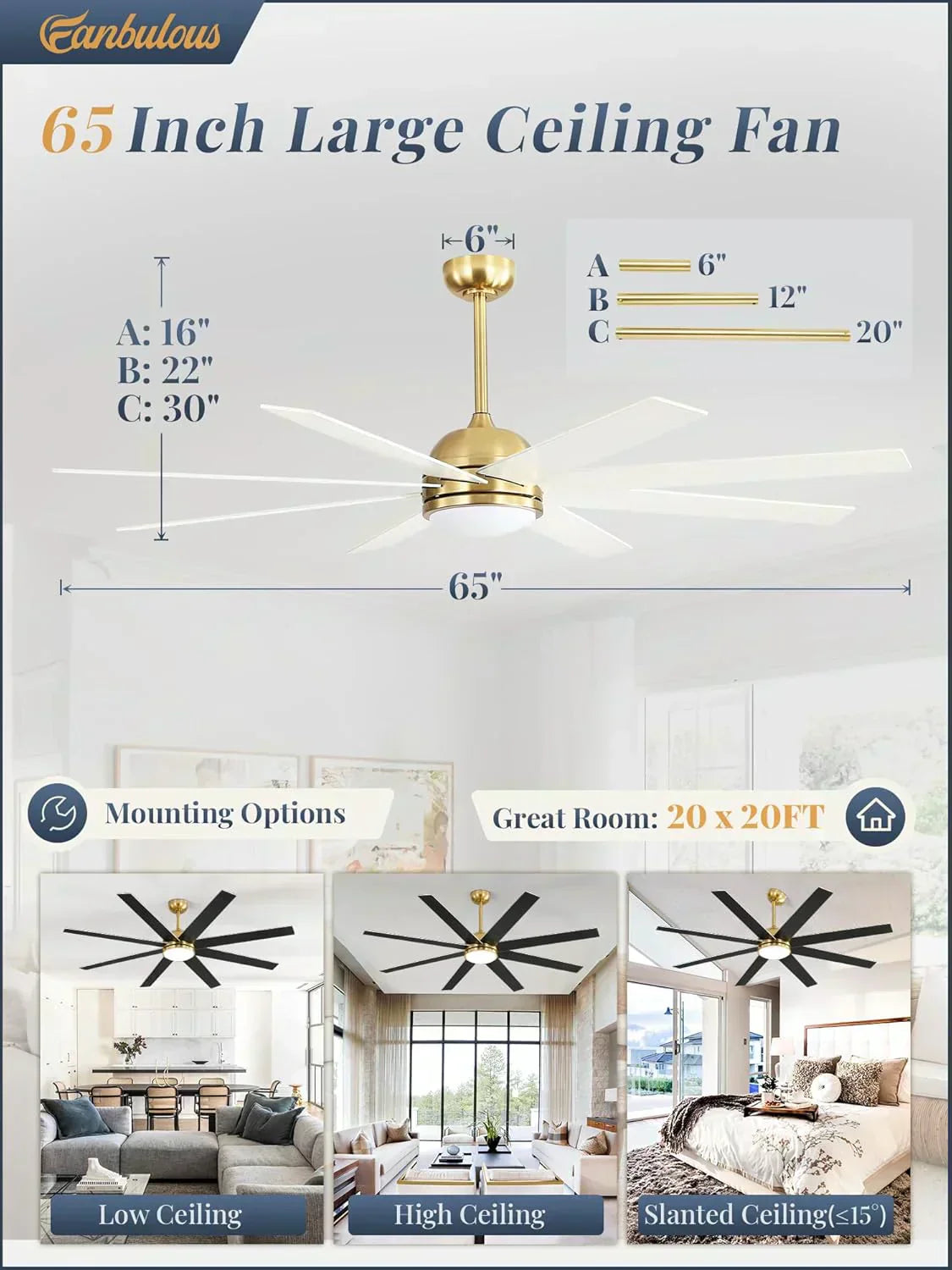 Ceiling Fan Indoor/Outdoor 8 Blades 65 inches wourant
