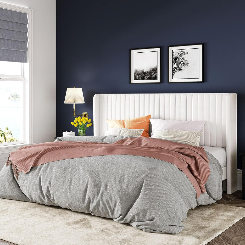 Allewie Full Size Velvet Bed Frame Vertical Channel Tufted Wingback Headboard Upholstered Bed wourant