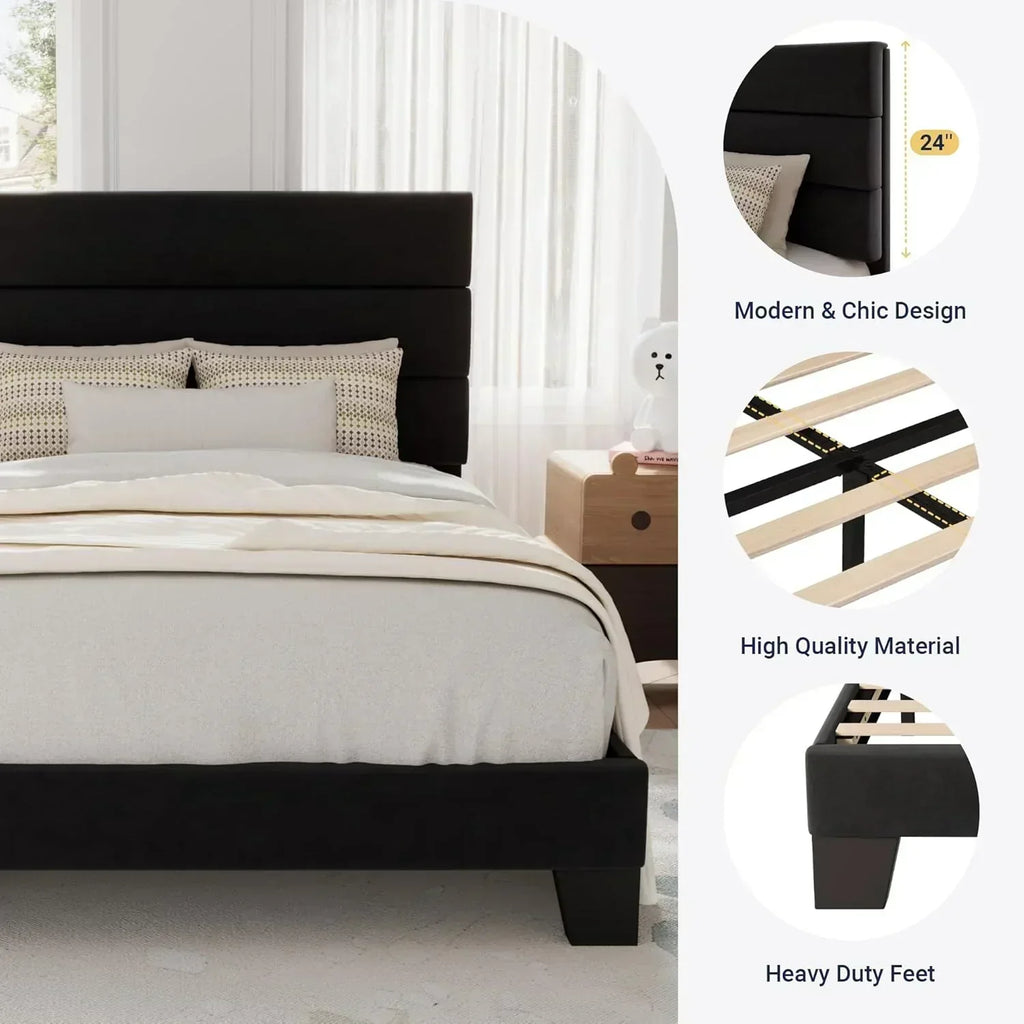 Allewie Queen Size Platform Bed Frame with Fabric Upholstered Headboard Wooden Slats Support wourant