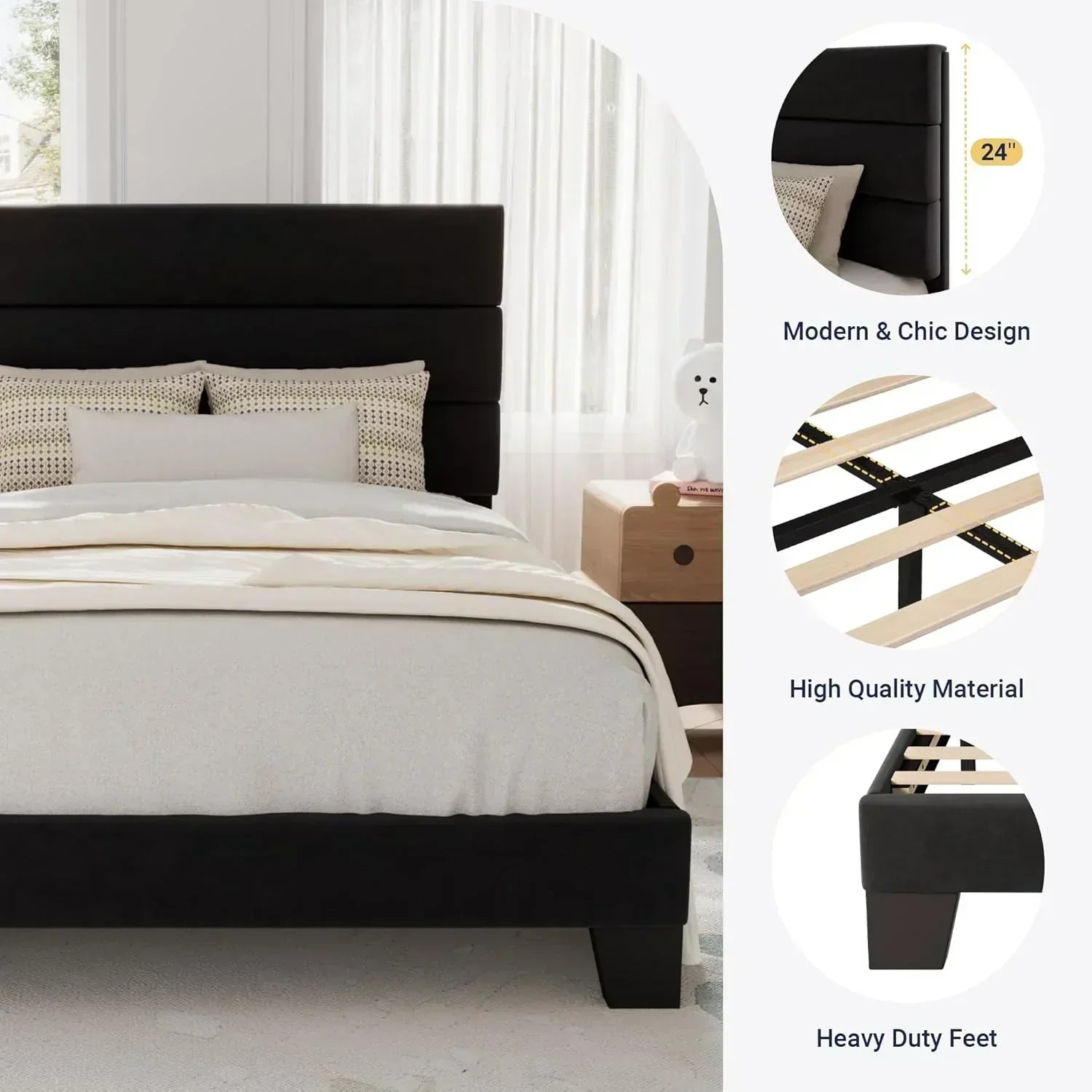Allewie Queen Size Platform Bed Frame with Fabric Upholstered Headboard Wooden Slats Support wourant