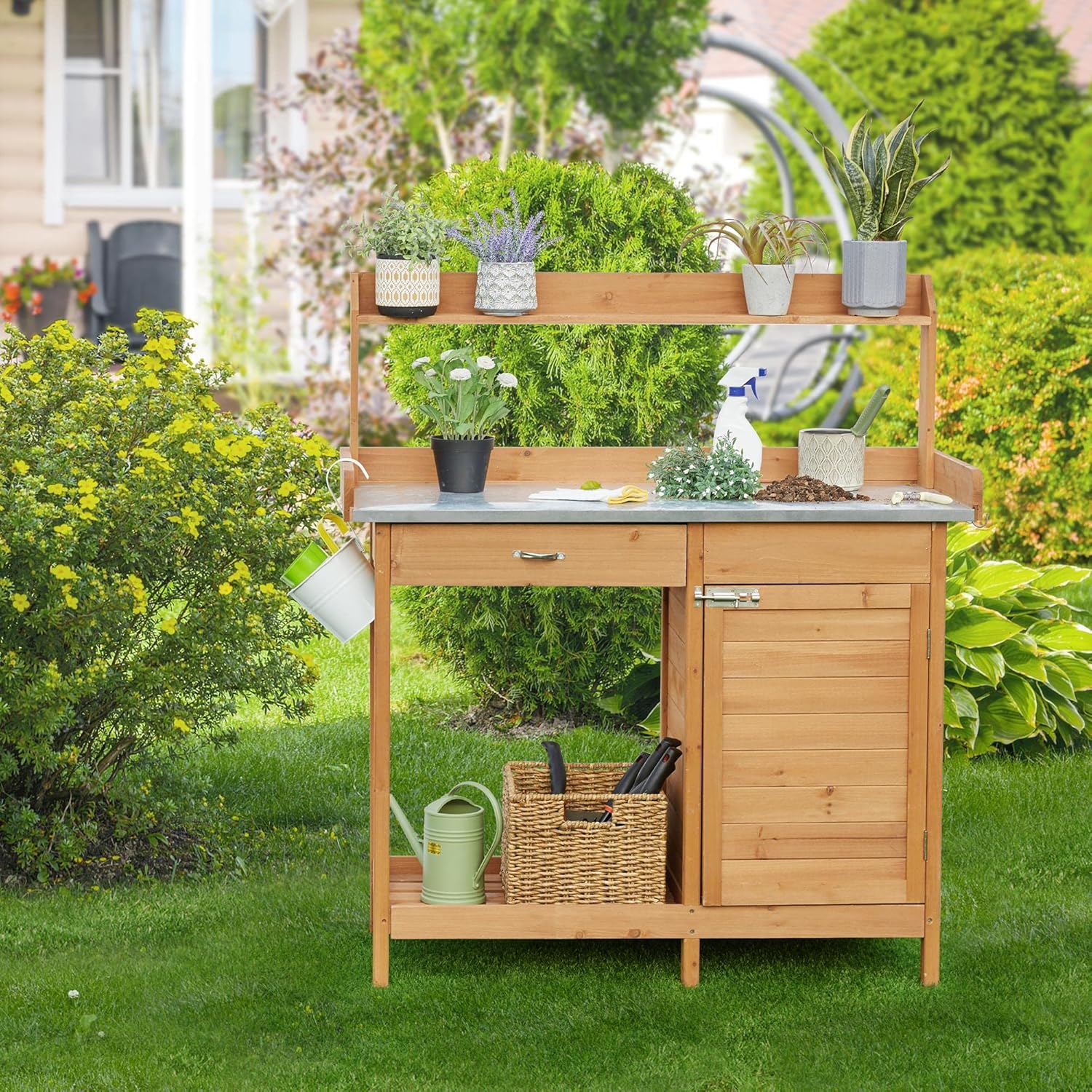 Yaheetech Outdoor Garden Potting Bench Table Work Bench Metal Tabletop Cabinet Drawer wourant