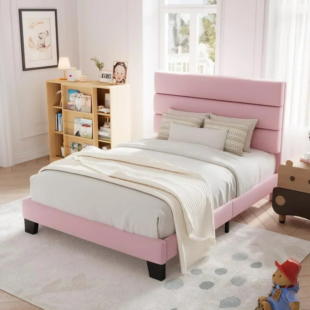Allewie Queen Size Platform Bed Frame with Fabric Upholstered Headboard Wooden Slats Support wourant