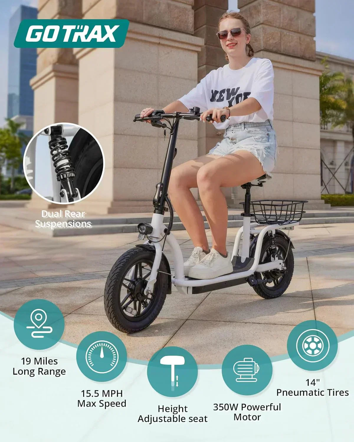 Gotrax adult electric scooter with seat maximum range of 19-25 miles all-terrain tires wide pedals wourant