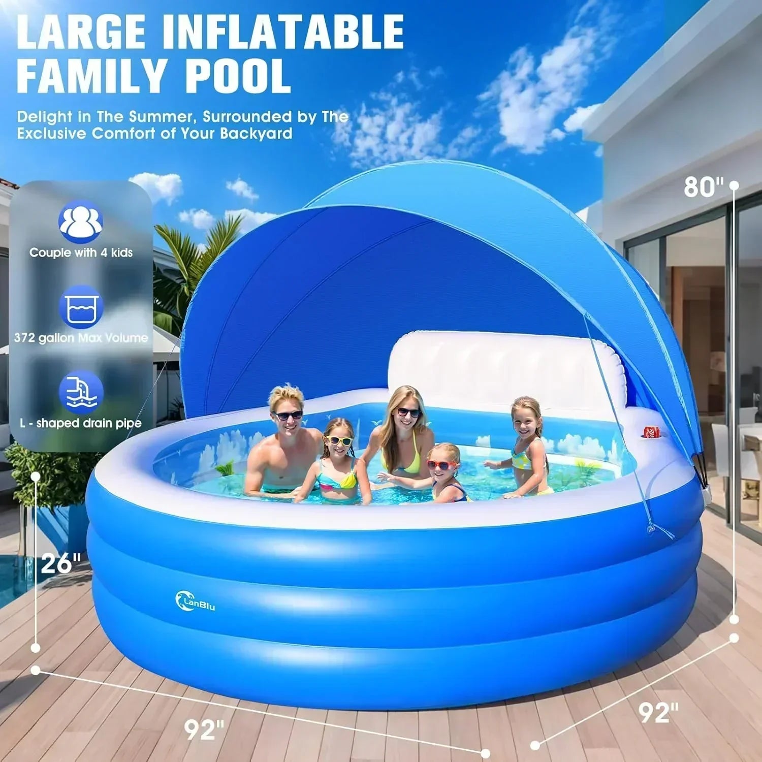 2025 Upgraded Inflatable Pool with Canopy Inflatable Family Lounge Pool Round Blow Up Pool wourant