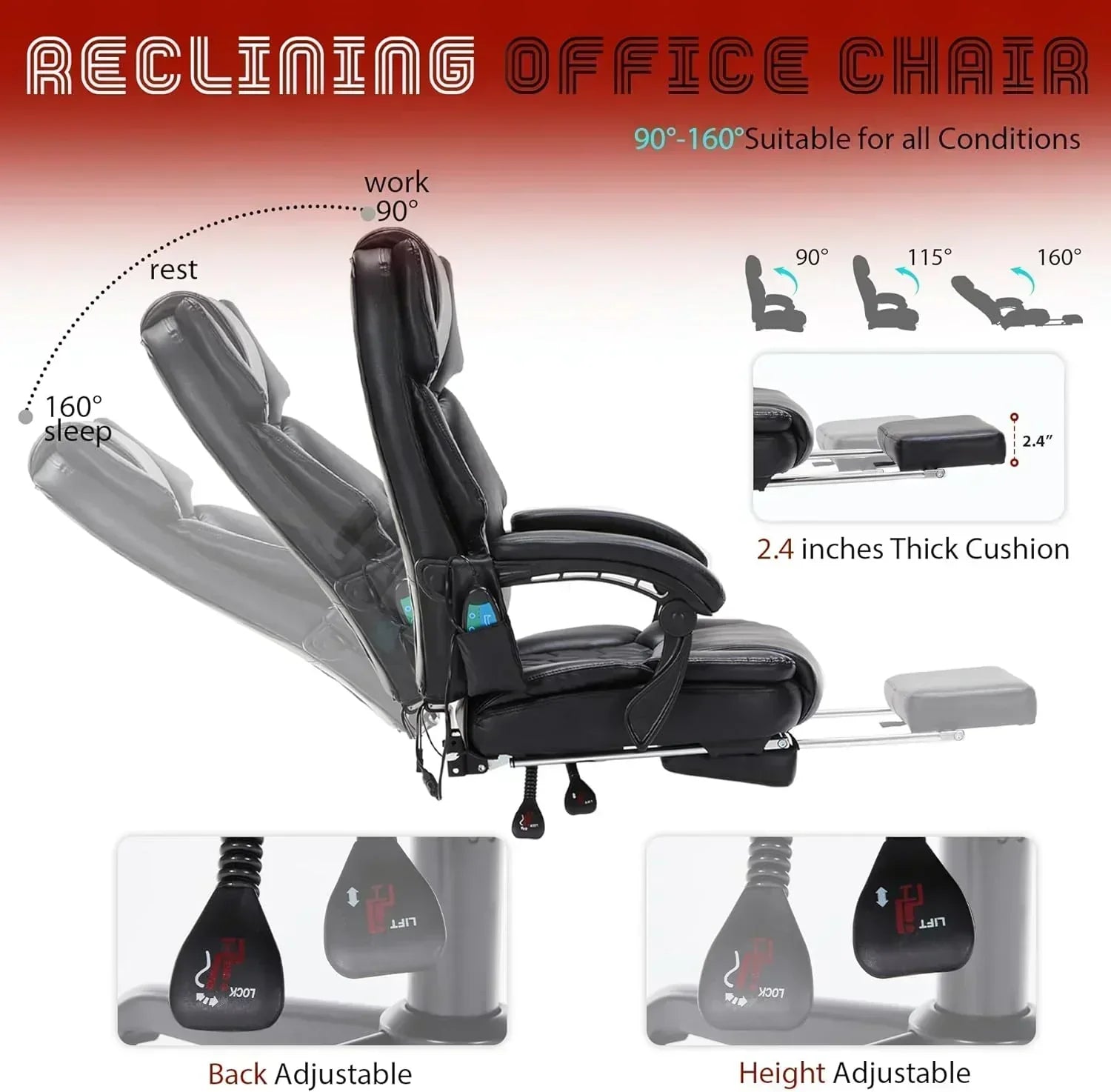 Massage Office Chair with Footrest 6 Point Vibration and Heating Home Office Desk Chair wourant