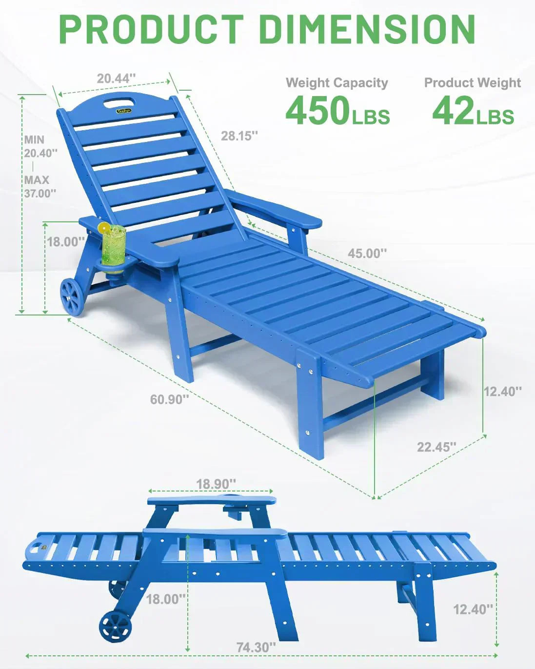 Lounge Chair Outdoor Chaise Lounge HDPE 6-Position Outdoor Chaise Lounge Patio Lounge Chair wourant