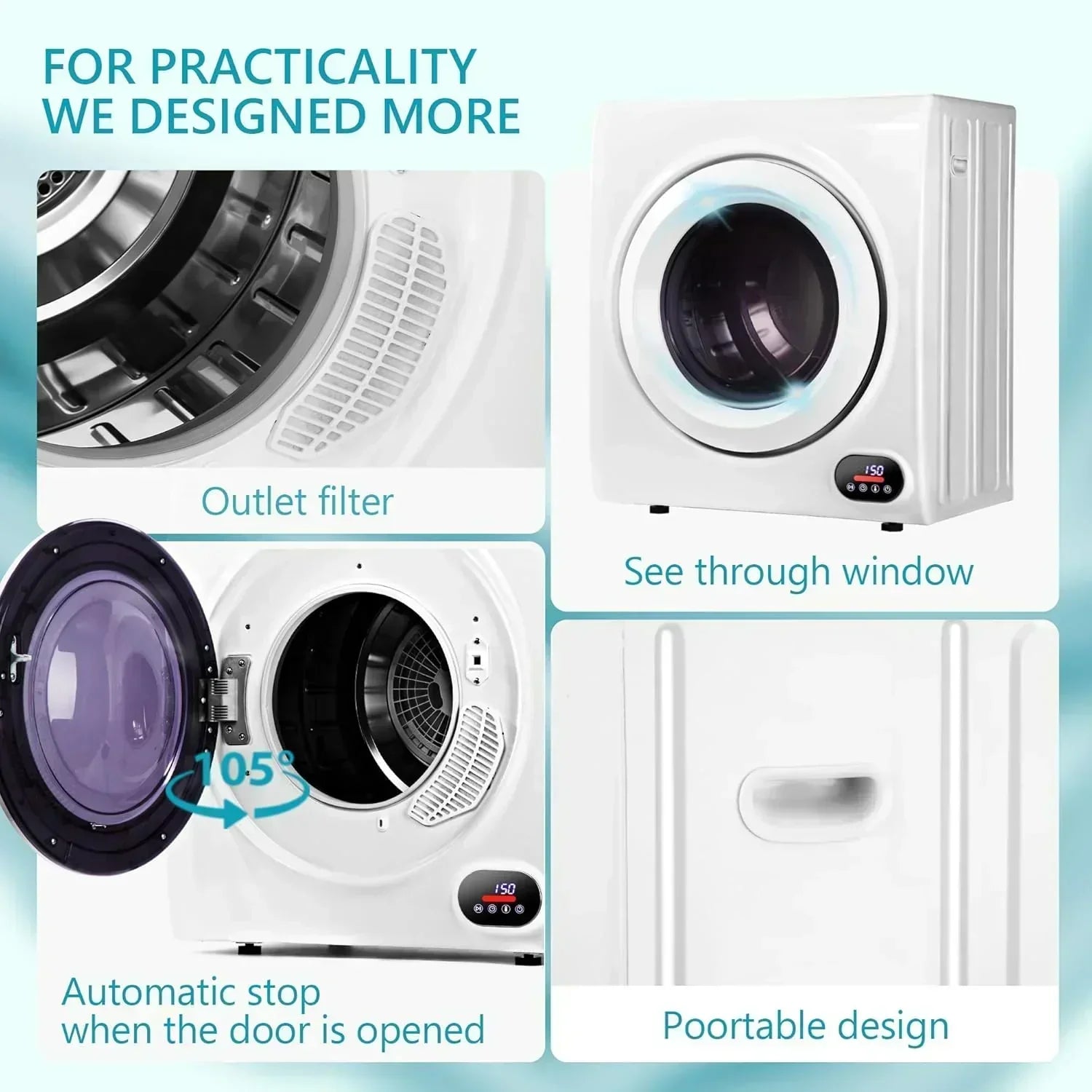 Compact Laundry Dryer 3.5 cu ft Front Load Stainless Steel Clothes Dryers With Exhaust Pipe wourant