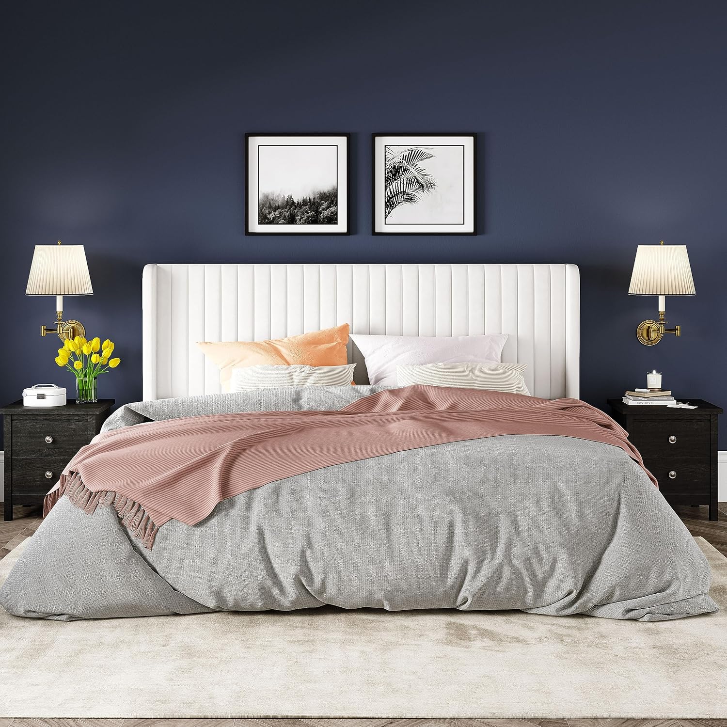 Allewie Full Size Velvet Bed Frame Vertical Channel Tufted Wingback Headboard Upholstered Bed wourant