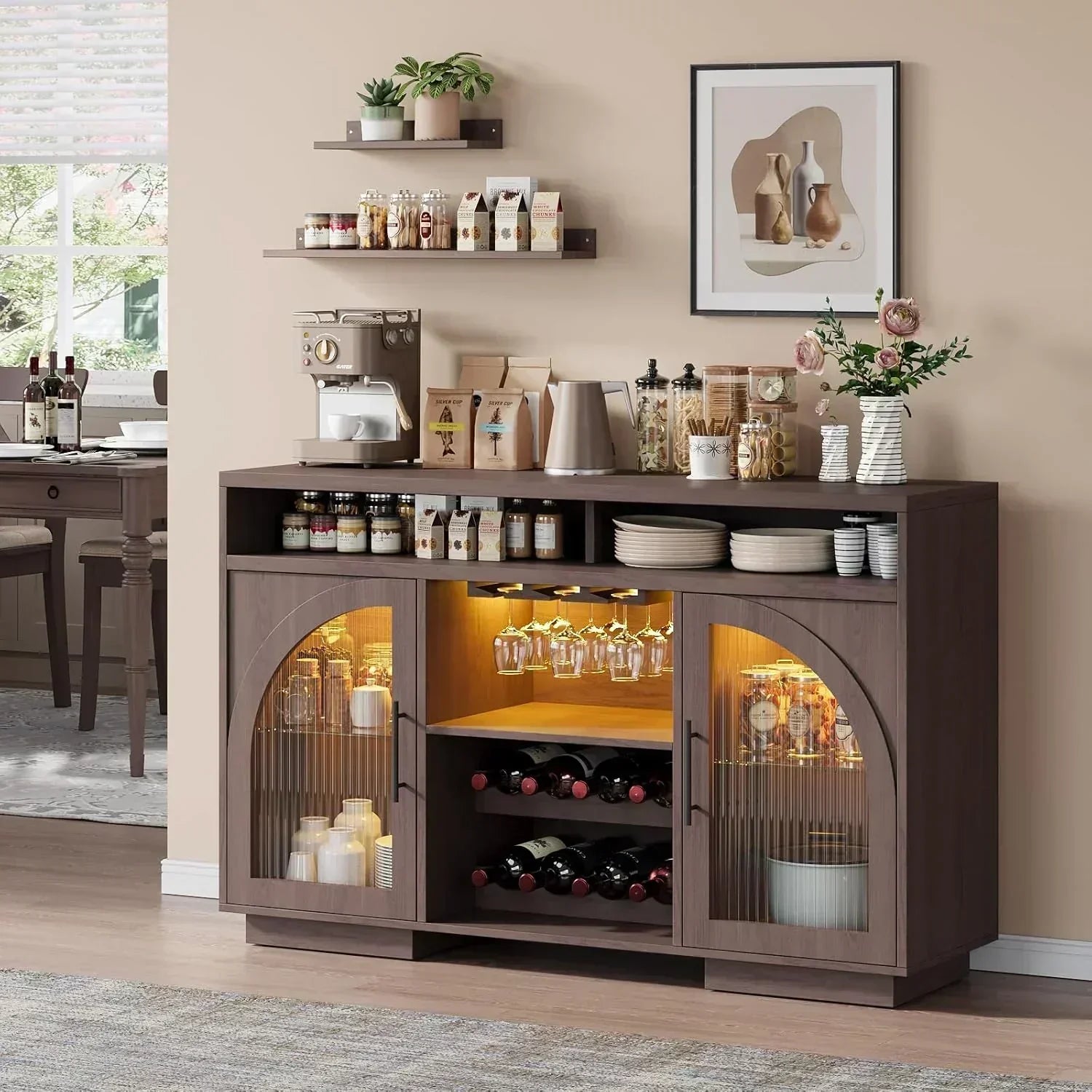 Sideboard 54-inch kitchen cabinet with LED lights and arched glass doors tall bar cabinet wourant