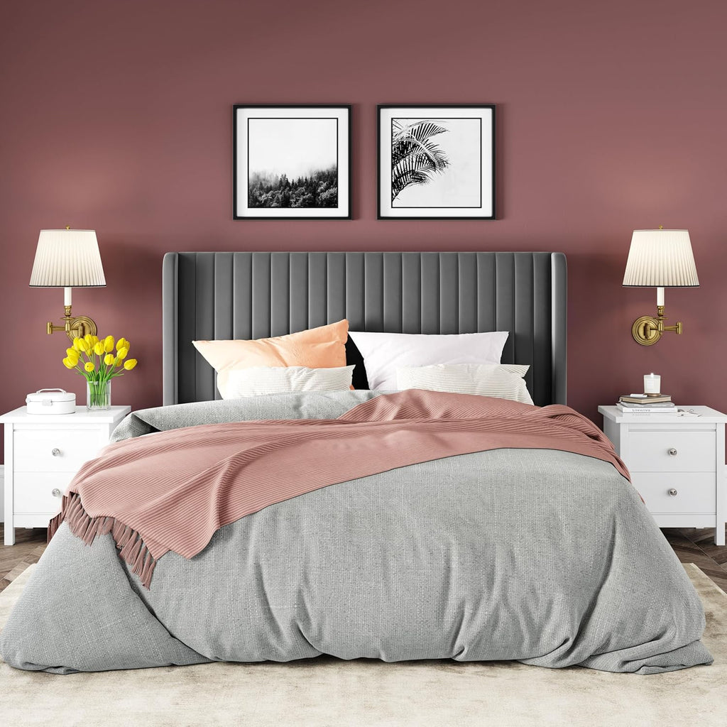 Allewie Full Size Velvet Bed Frame Vertical Channel Tufted Wingback Headboard Upholstered Bed wourant