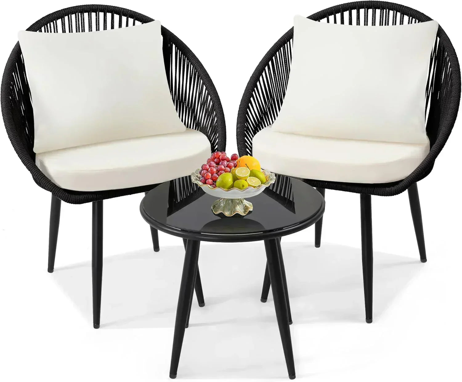 3 Piece Bistro Set Woven Rope Chair with Cushions All Weather Patio Conversation Set Side Table wourant