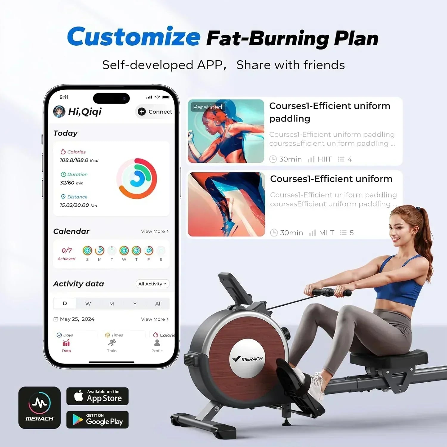 Merachi household rowing machine silent resistance dual-slide design wourant