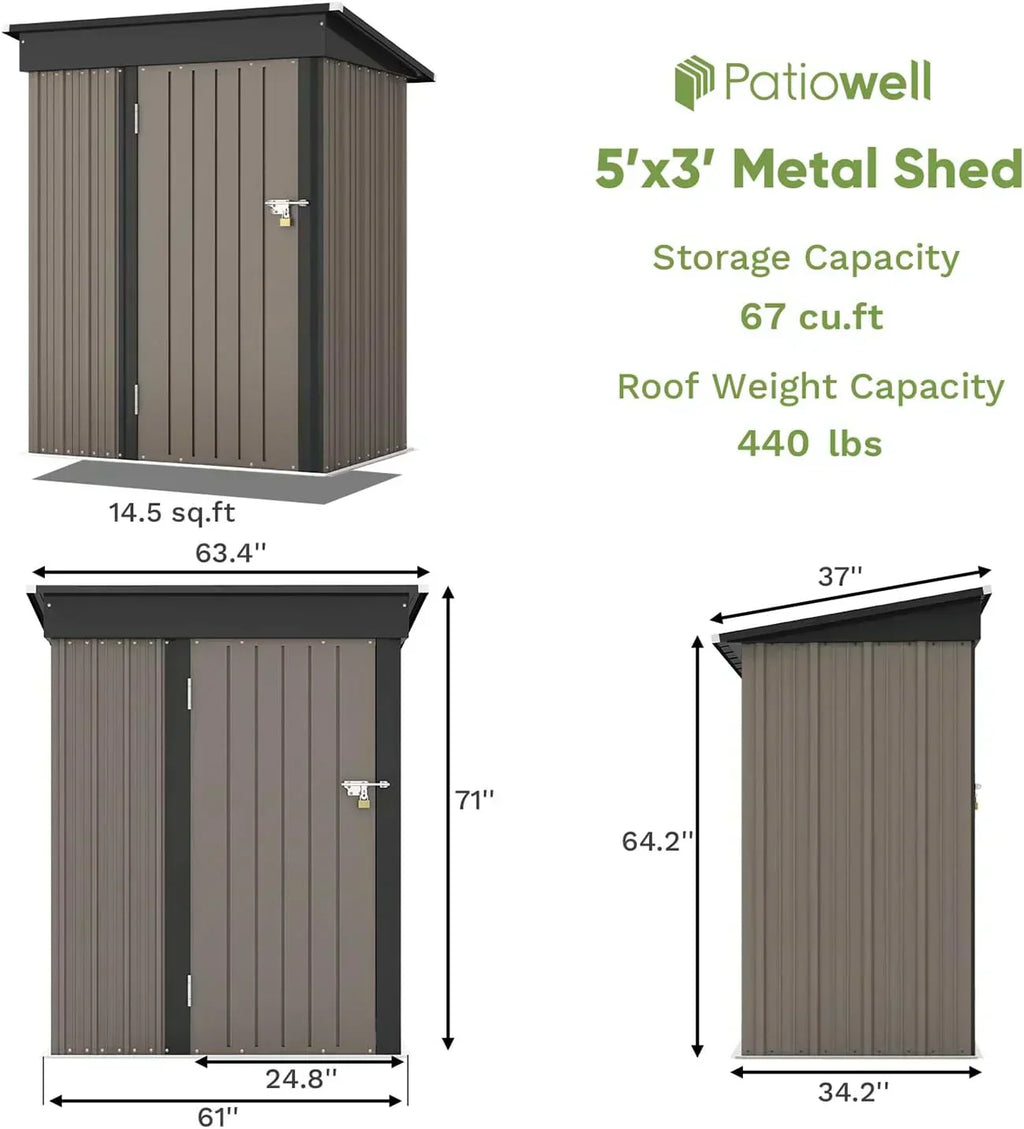 Patiowell 5x3 FT Outdoor Storage Shed Tool Shed with Sloping Roof and Lockable Door Metal Shed wourant