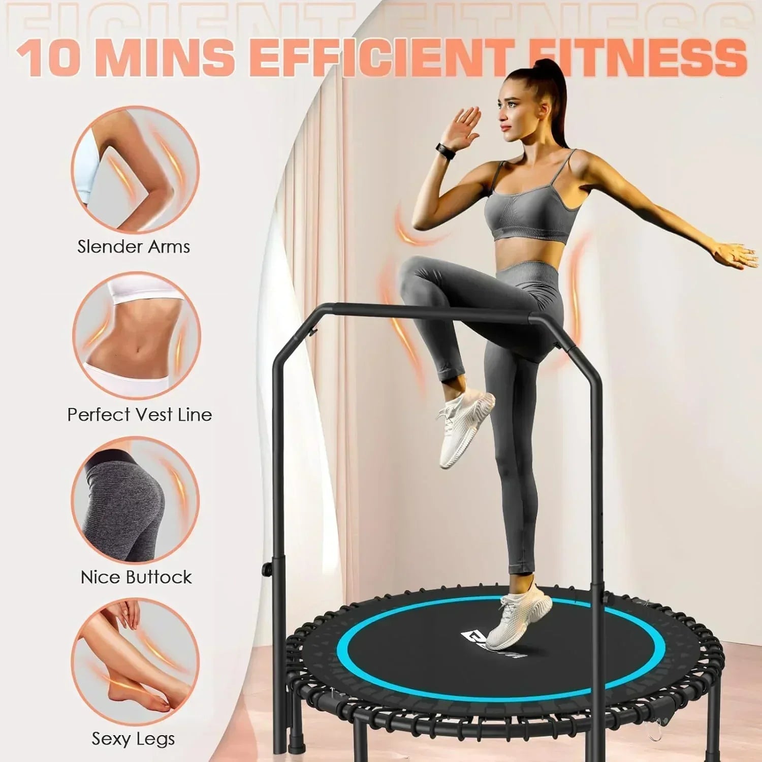 BCAN 450/550 LBS Foldable Mini Trampoline Fitness Trampoline Bungees Adjustable Foam Handle wourant