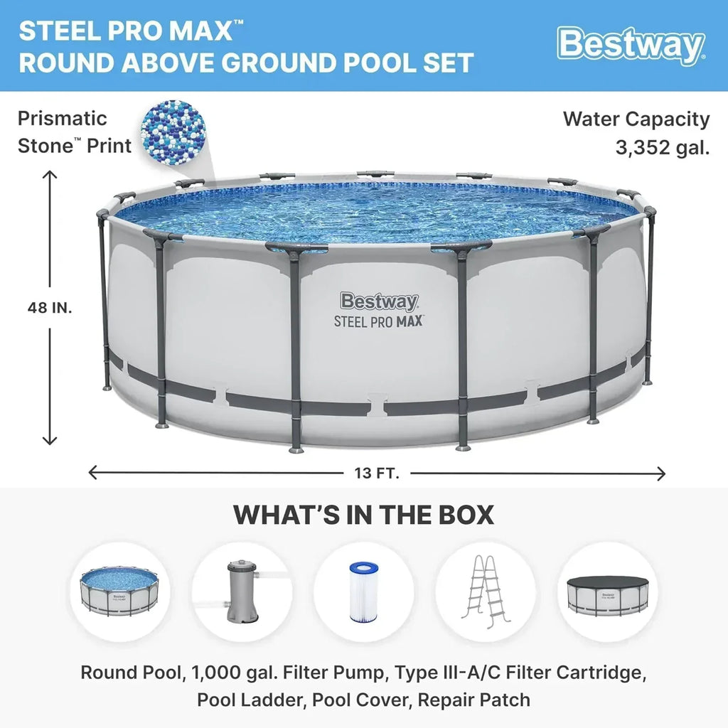 Steel Pro MAX 14 Foot x 48 Inch Round Metal Frame Above Ground Outdoor Swimming Pool Set wourant