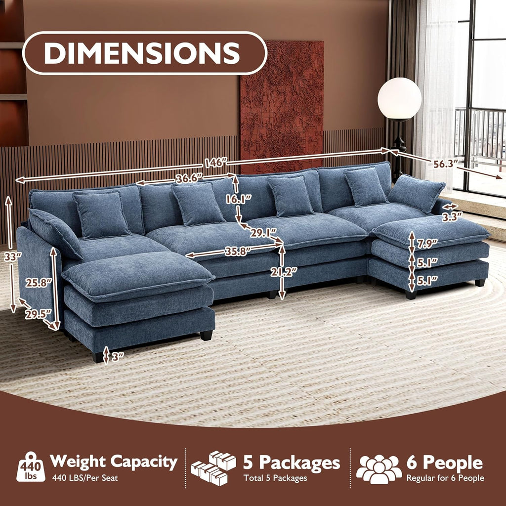ihanherry 146-inch U-shaped modern sofa modular area cloud sofa wourant