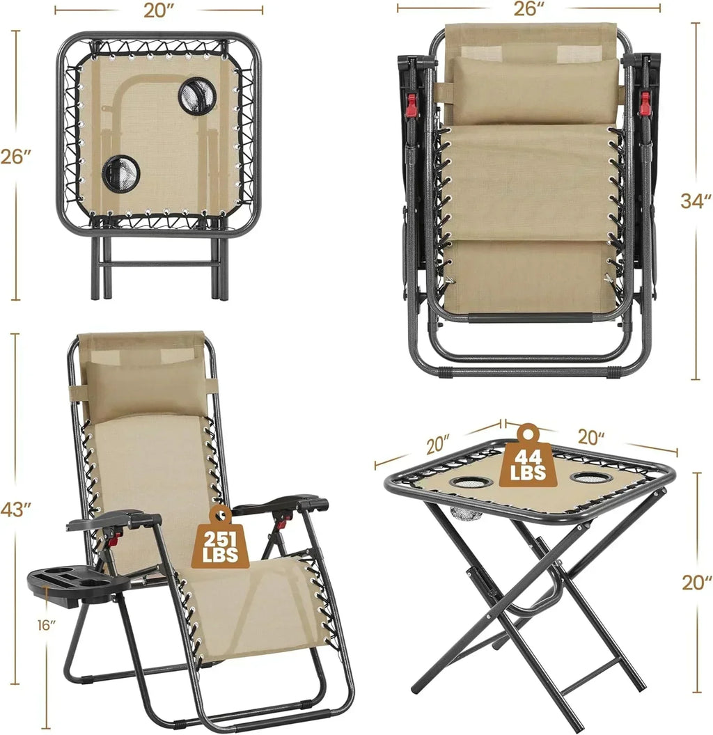 3PCS Zero Gravity Recliner Portable Outdoor Reclining Chair Set Side Table Lounge Chairs wourant