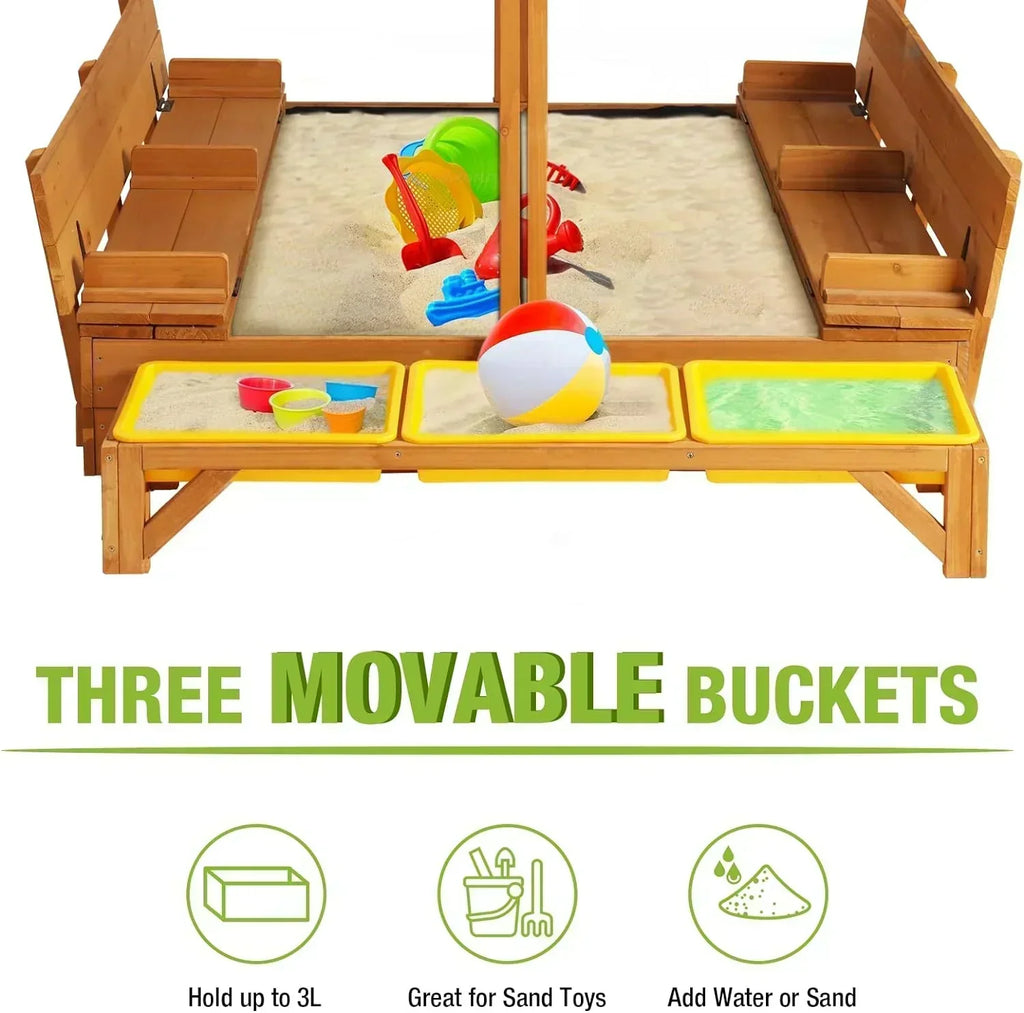Kids Wooden Outdoor Sandbox Canopy 2 Foldable Bench Seats Retractable Roof Sand Protection Liner wourant