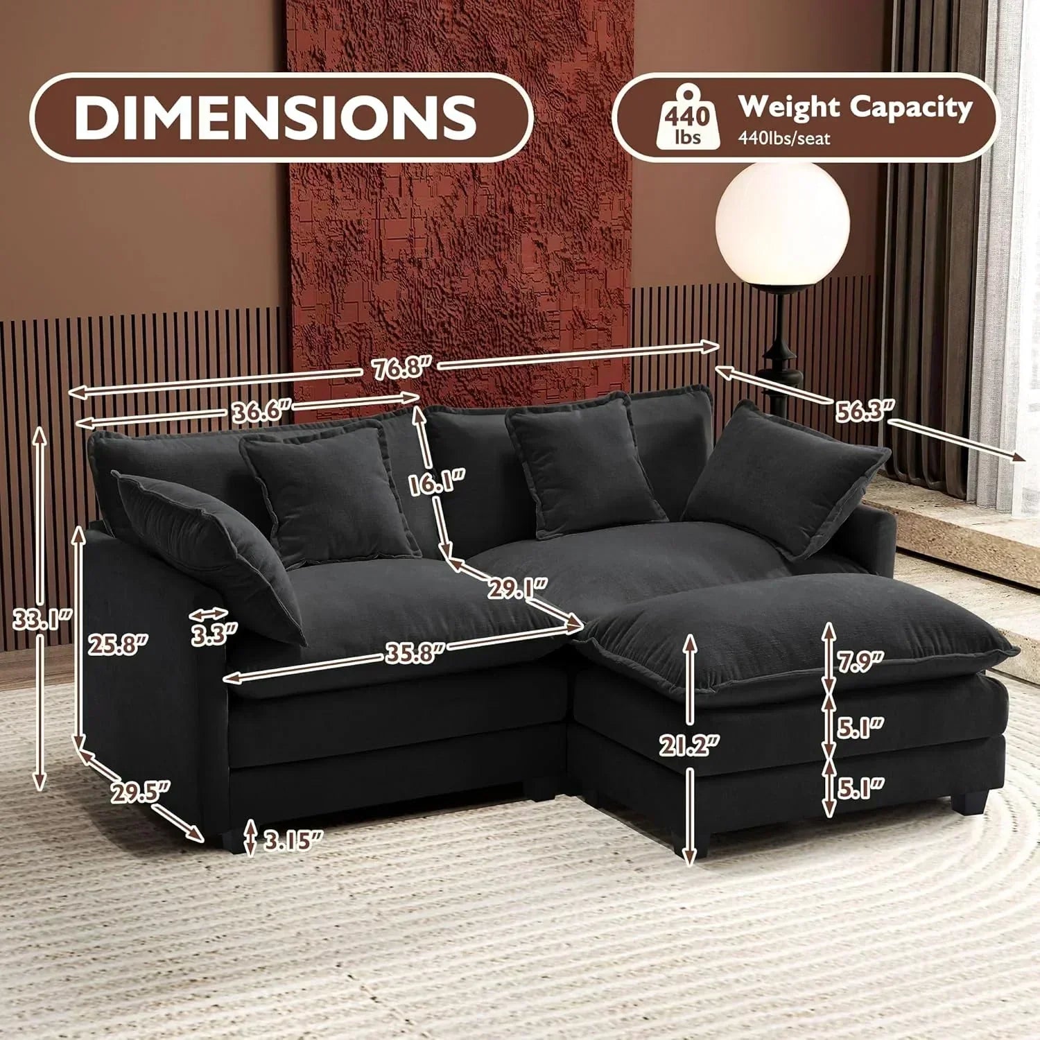 ihanherry 146-inch U-shaped modern sofa modular area cloud sofa wourant